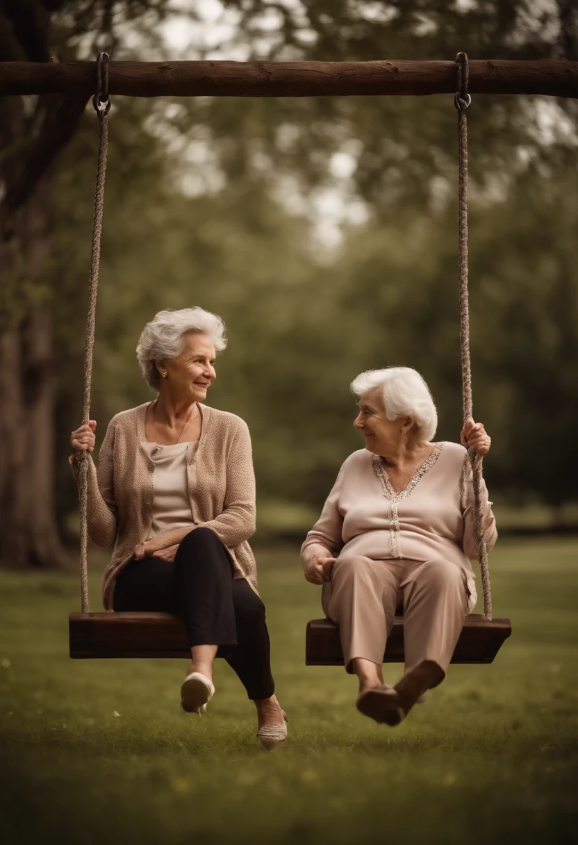 child, adult and elderly woman on swing