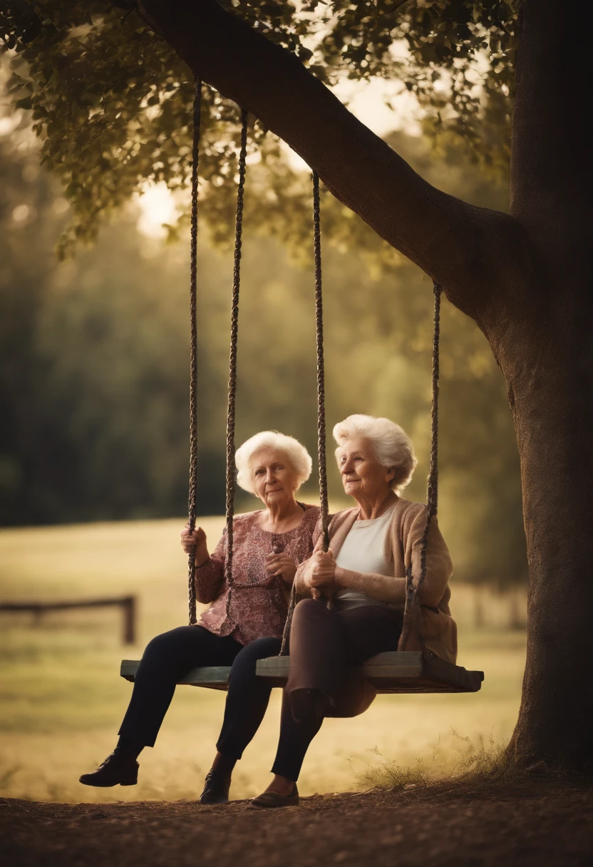 child, adult and elderly woman on swing