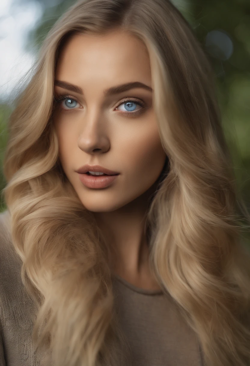 Sexy girl with blue eyes, ultra realistisch, Akribisch detailliert, portrait sophie mudd, blonde hair and large eyes, im Wald, ohne Make-up, Natural makeup, Blick direkt in die Kamera, Gesicht mit Artgram, dezentes Make-up, von Kopf bis Fuss Aufnahme, medium to large bust size, leichter Wind