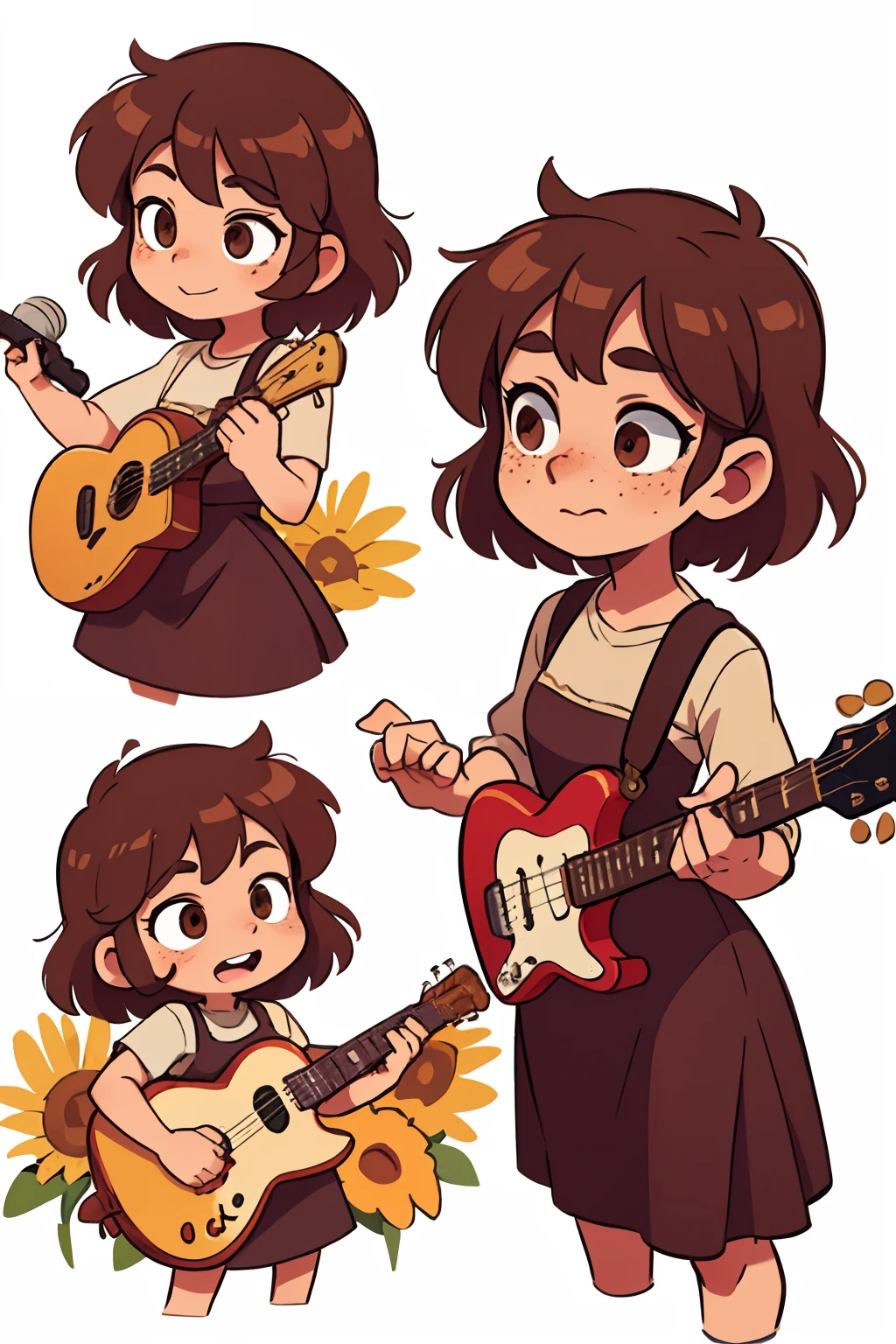 A girl, with brown hair, Brown eyes, Medieval dress, freckles on her face, plays the guitar, loves sunflowers, standing pose, character sheet, different angles