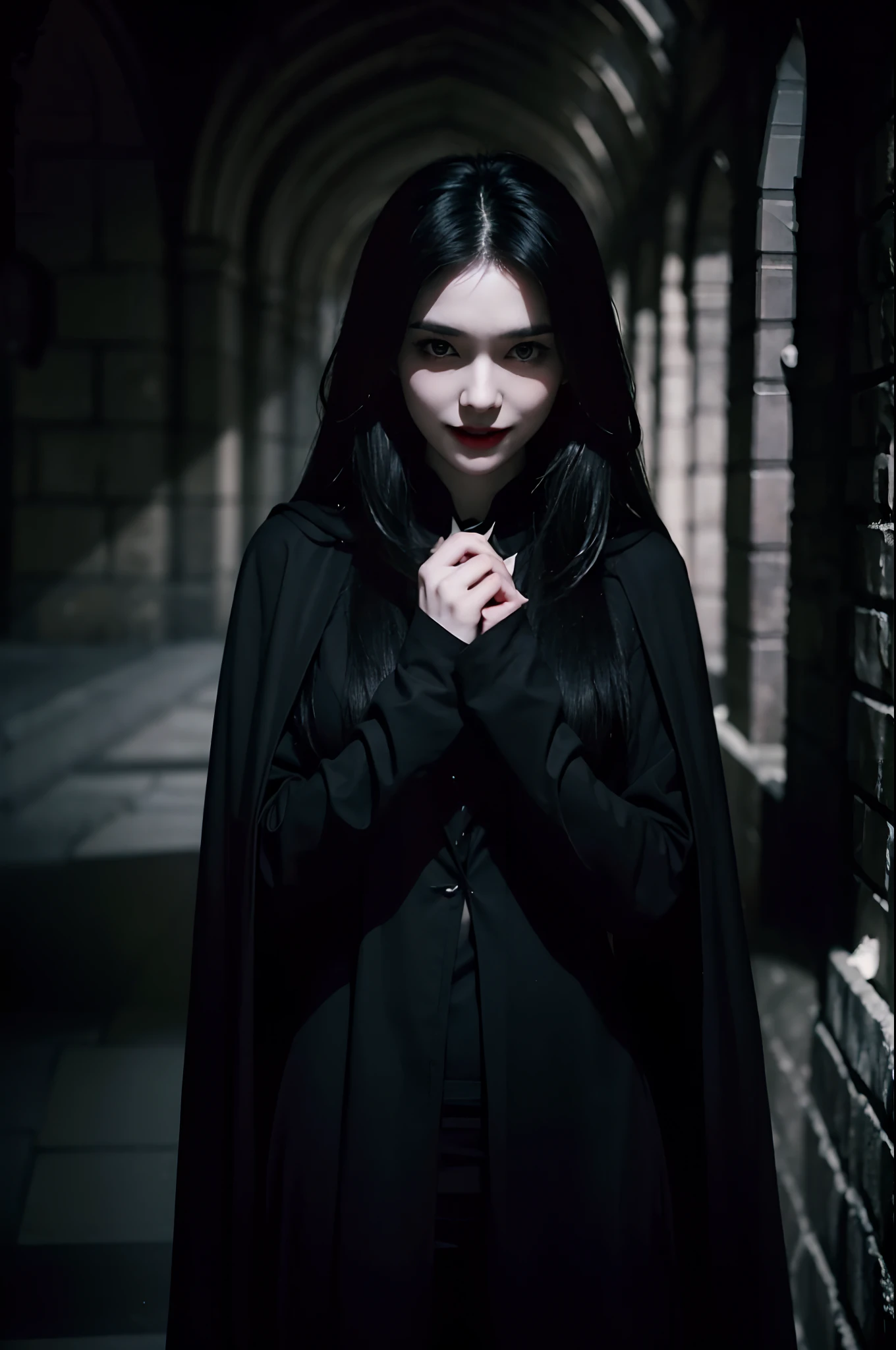 handsome girl , A vampire in black clothes and a black cloak, White long hair, pale skin, red hungry eyes, Slender figure, tender sexy, predatory smile, the night, The Dark Crypt, Sharp fangs