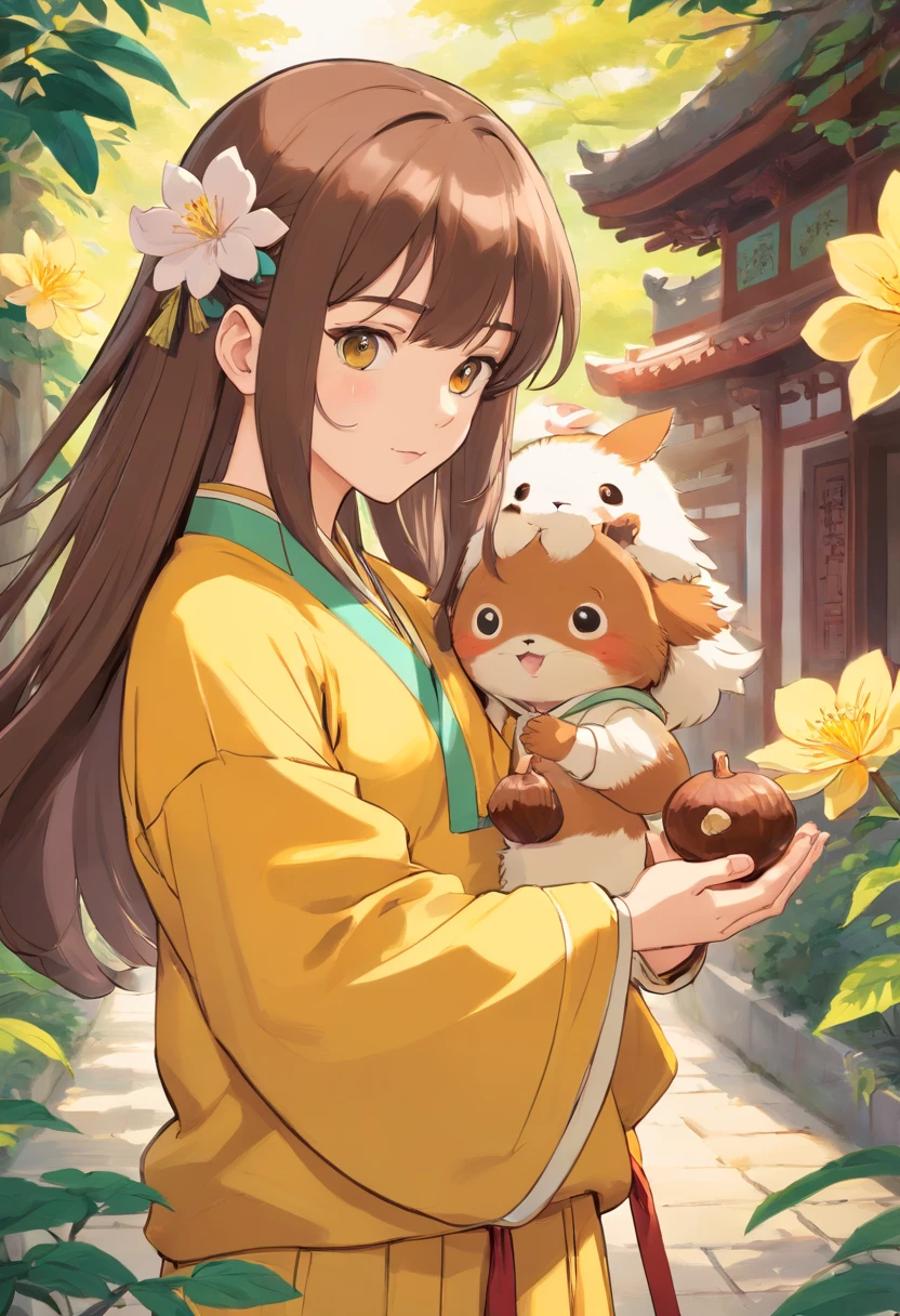 Pale guy in ancient Chinese attire with long waist-length hair, Holds out a flower to a girl with a chestnut square and bangs, who is dressed in a yellow tracksuit and skirt