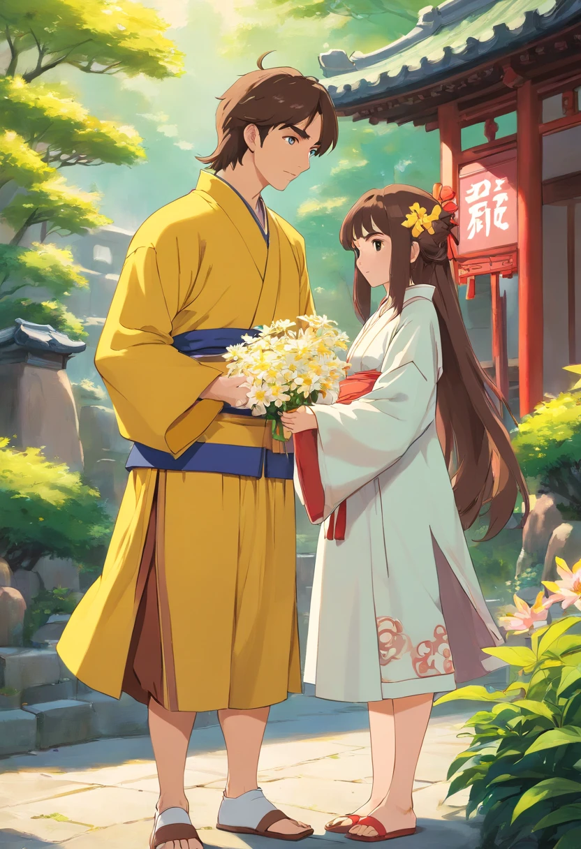 Pale guy in ancient Chinese attire with long waist-length hair, Holds out a flower to a girl with a chestnut square and bangs, who is dressed in a yellow tracksuit and skirt
