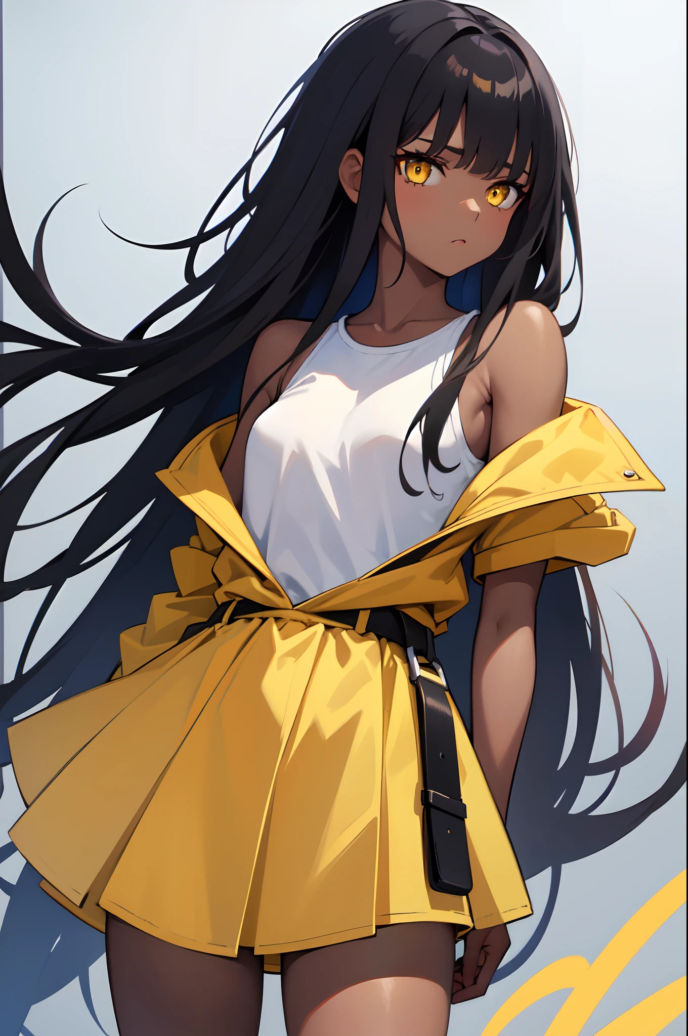 1girl, solo, teen, petite, dark skin, black hair, medium hair, hime cut, blunt bangs, long sidelocks, messy hair, yellow eyes, white shirt, sleeveless shirt, yellow eyes, glowing eyes, yellow jacket, old fashioned clothes, (small breasts), inexpressive, neutral, standing, arms behind back, looking at viewer, (upper body), white background, simple background, masterpiece, best quality, 4k
