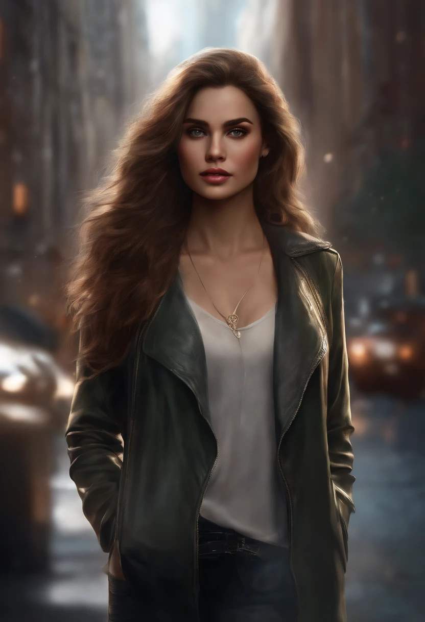 (high quality,realistic),dark atmosphere,sketch,city background,detailed features,details of the hair and eyes,subtle lighting