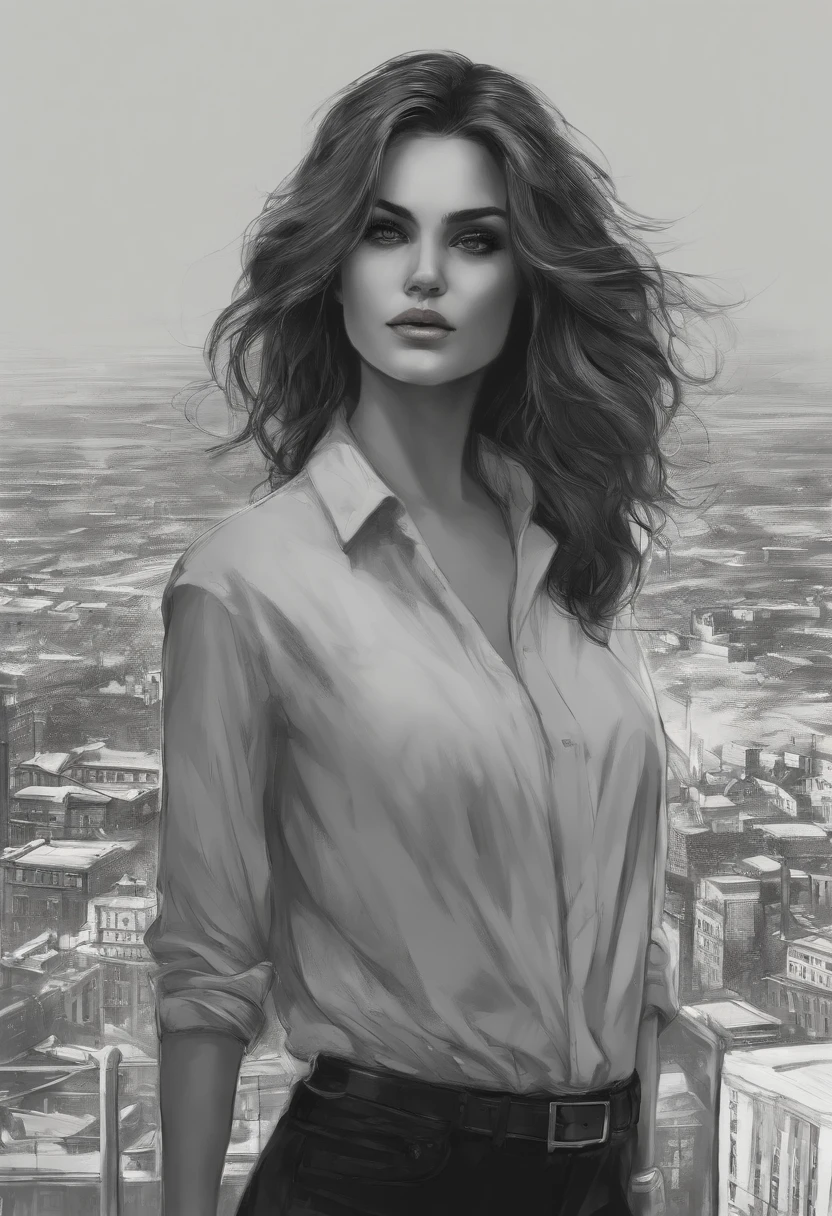 (high quality,realistic),dark atmosphere,sketch,city background,detailed features,details of the hair and eyes,subtle lighting