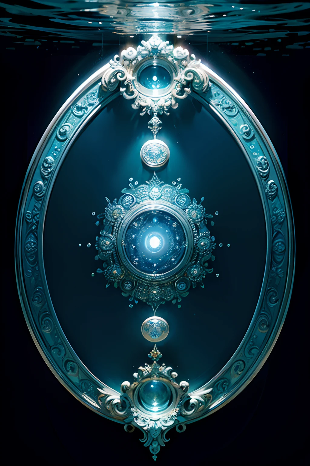 A round ornamental mandala made of a swirling, whirlpool of splashing blue ocean water.
