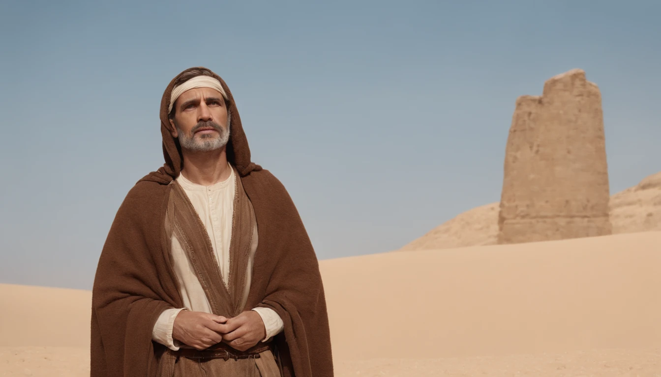 A hooded man standing in the ancient city of Hisrael with a fondo from heaven, Retrato de beduino d&d, ainda de um filme live action, Directed by: Étienne Delessert, disparo IMAX, James Gurney e Andreas Rocha, Filme duna 2020, medium shot of two characters, Danube, Sony Fotos, 4k ainda, Movie image of biblical prophet, Look up to heaven and cry out to God to hear Him, com tons quentes e terrosos, e sombras profundas, has a wise expression, --V 5 --Estilizar 1000, Biblical prophet cries out to God for the lives of his people, obra-prima, detalhes intrincados, kinematics, The biblical prophet looks to heaven, A beautiful blue sky with some clouds, Fica no deserto do Sinai, em uma colina, For the background is the desert and a small biblical town for the background., 50-Year-Old Biblical Character, no deserto: epic realistic, Soft cinematic portrait, Adobe Lightroom, photographic lab, altamente detalhado, dESBOTAdO, arte de greg rutkowski e artgerm ,cores neutras: 1,2), (HdR: 1,4) , (cores suaves:1.2), hiperdetalhado, (art-station:1.4), kinematics, luzes quentes, dramatic light, (detalhes intrincados:1.1), Contexto complexo, (Rutkowski:0.66), (Azul e laranja:0.4), kinematics, He wears a brown robe and looks up at the sky., (((Olhos perfeitos, expressivo))), 8k, pesquisar, to the sky stilldavia blue, ((olhar perfecto, expressivo))), (((Um homem))), ((Barba grisalha curta e cabelos grisalhos curtos)), Looking Up The Sky, (((Olhos perfeitos)) Epic image, cinemactic, Cinematic 8K, Imagem do corpo de medio, Plano Americano, He is alone and his eyes are looking at the blue sky with some clouds, (((Olhos bem detalhados, very sharp, expressivo))) ((tem barba curta e cabelos curtos e grisalhos)), 8k, kinematics, obra-prima, (((um homem))), ((((is alone in the desert)))), Olhos perfeitos e expressivos, He's just a man and he's alone,