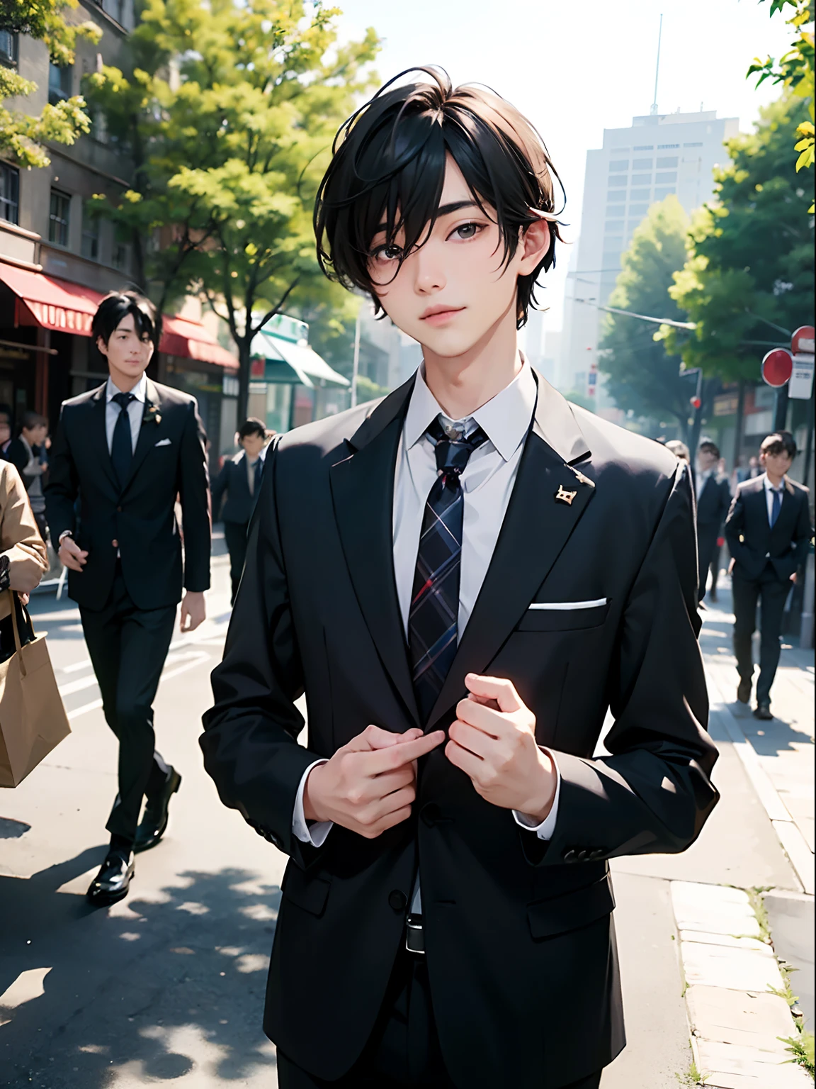 2boys,11 only、(Man's :2),(bobhair:1.5)、A dark-haired、Suits、Brightly colored ties、cafes、Trees、Natural lighting、hightquality、masutepiece,8K,hight resolution、