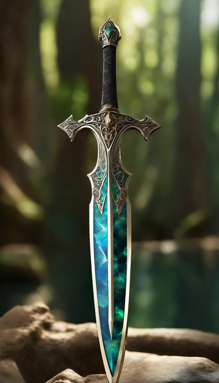 Excalibur, Delicate mango, The sword body is exquisite，well decorated,（((The body of the sword is designed with a blue opal and a light green particle effect shaped pattern..：1.3))), Should, (The sword body is symmetrically decorated:1.3), (The entire Excalibur blade is centered:1.3), Close-up at medium range,（General silhouette:1.3),（Fantastic landscape painting:1.2), Ultra Realistic Photo, super-fine, 8K, Premium wallpapers, the highest picture quality, ..。.。.3D,C4D, tmasterpiece, rendering by octane