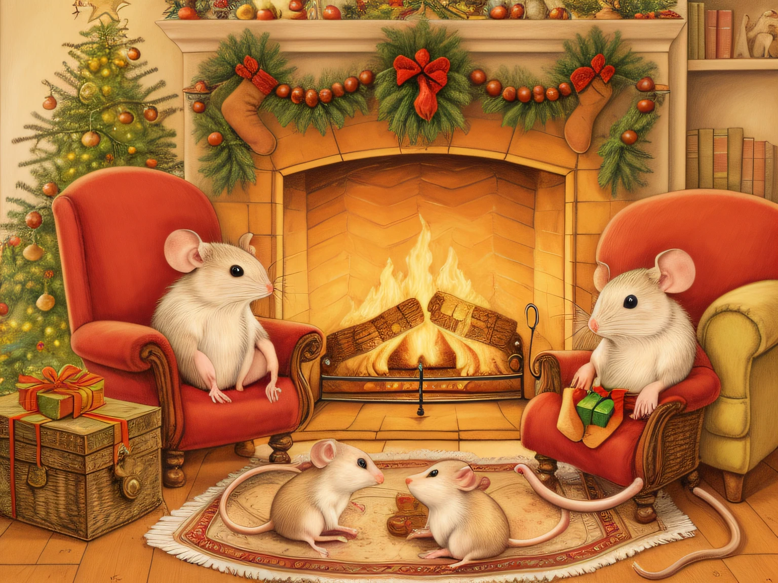 painting of a family of mice sitting around a christmas tree, mousefolk, full color illustration, by Jan Brett, inspired by Jan Brett, storybook illustration, christmas night, by Jan Kip, roaring fire, inspired by Jan Kip, published art, by Elaine Hamilton, cosy enchanted scene, in front of a fireplace, story book illustration, by senior artist