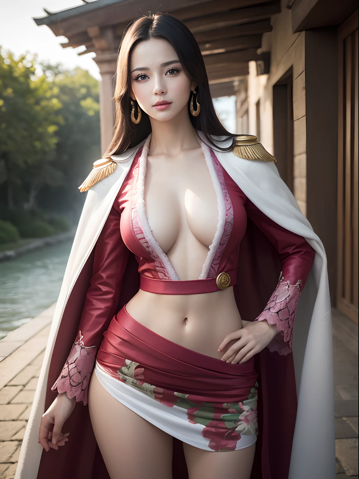 (masterpiece, best quality:1.4), (standing:1.5), (dinamic pose:1.5), outside, (near the sea), 1girl, solo, hancock1, 1girl, boa hancock, large breasts, cleavage, long hair, epaulettes, cape, (white cape:1), crop top, long sleeves, side slit, (european youth  woman:1), looking at viewer, beautifull smile, beautiful face, highly detailed face, highly detailed eyes, subsurface scattering, realistic pupils, full face blush, full lips, detailed background, depth of field, volumetric lighting, sharp focus, absurdres, realistic proportions, (realistic, hyperrealistic:1.4), 16k hdr