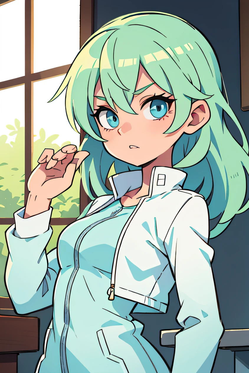 Light green hair, light blue eyes, white jacket
