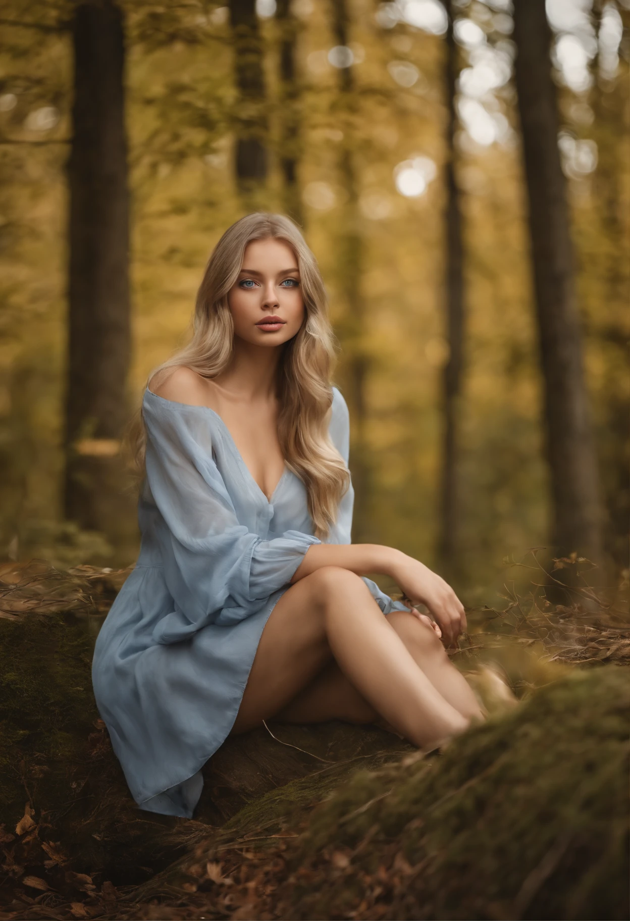 Sexy girl with blue eyes, ultra realistisch, Akribisch detailliert, portrait sophie mudd, blonde hair and large eyes, im Wald, ohne Make-up, Natural makeup, Blick direkt in die Kamera, Gesicht mit Artgram, dezentes Make-up, von Kopf bis Fuss Aufnahme, medium to large bust size, leichter Wind