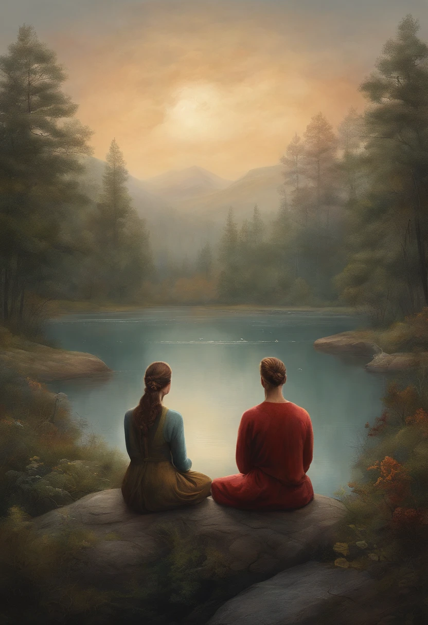 casal namorando, sitting in a meditation position, diante de um orisonte lindo, com o sol se pondo, in connection with the divine, Foto retrato, Directed by: Drew Tucker, Directed by: Adam Marczyński, Directed by: Alexandre Kucharsky, Directed by: Gavin Nolan, Surrealismo 8K, Directed by: Jason Felix, Yuri Shwedoff e Tom Bagshaw, arte ilustrativa, Estilo Erik Johansson