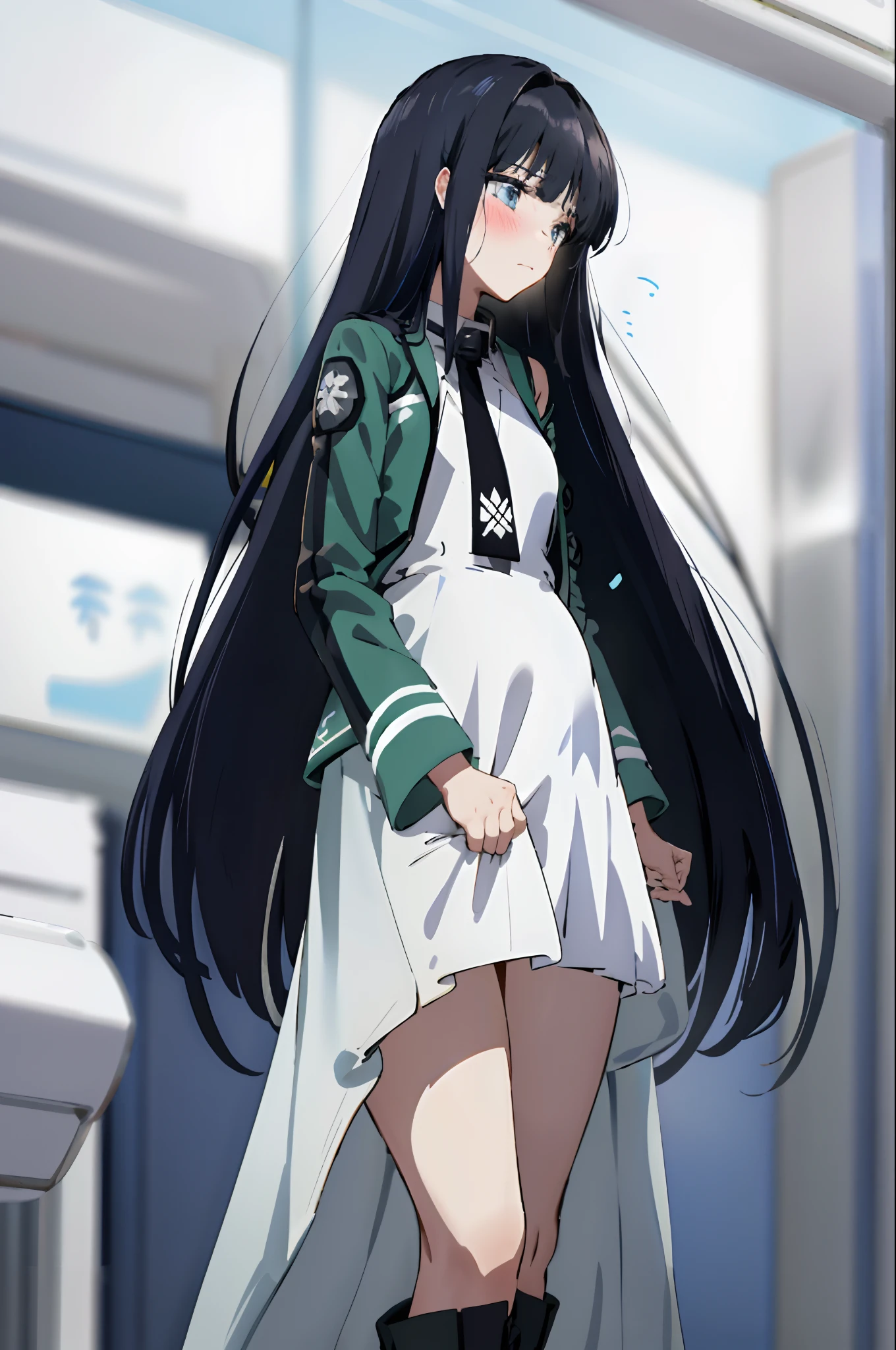 Long hair, black hair, 1girl, cute dress, Look away,Standing, embarrassed from, Blushing, Keep your mouth shut, a bathroom (Girl is peeing:1.7), pregnant, white coat that has light-blue linings at the sides, collar and cuffs, Underneath the coat is a vest, gray long-sleeve polo with a dark tie, dark boots with blue green sole