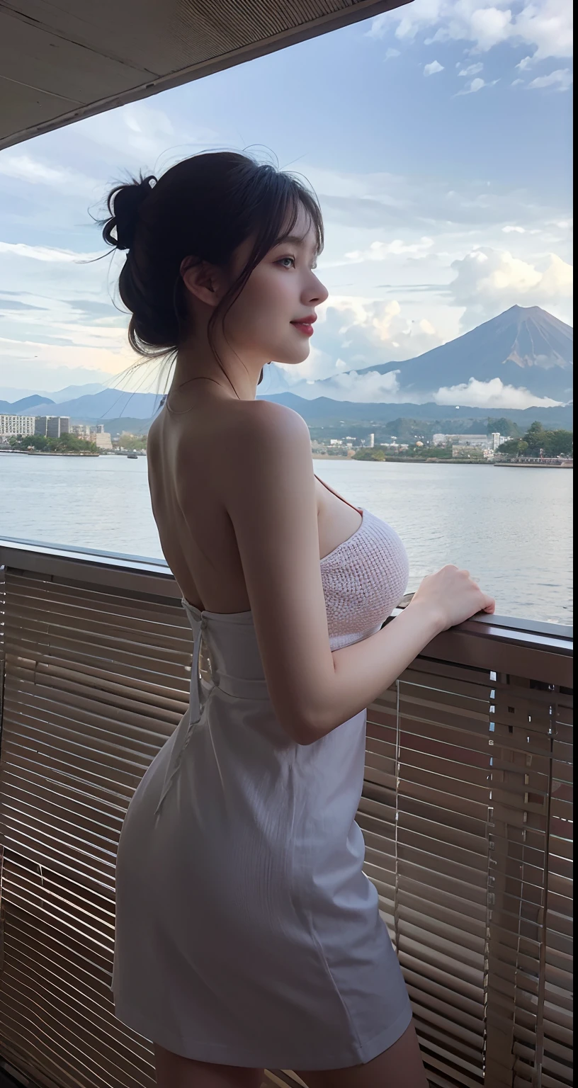 araffe woman in a white dress standing on a balcony looking out at the water, 奈良美智, japanese goddess, sakimichan, gorgeous lady, great view, next to a big window, better known as amouranth, 2 2 years old, japanese model, with a volcano in the background, 21 years old, Best picture quality, masterpiece, ultra high resolution, 8k, cleavage, big boobs, bust detail, hair detail, eye detail, sharp eyes, thin smile, professional lighting