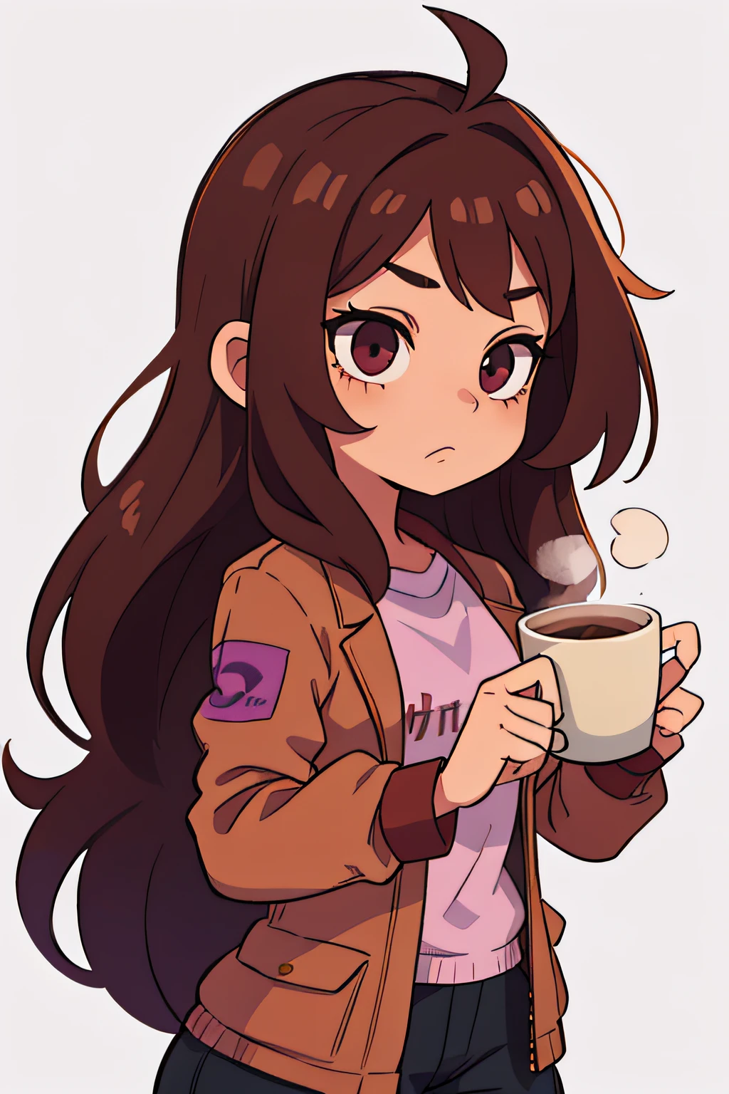 Girl with long brown hair and purple gradient, brown eye, Coffee jacket,