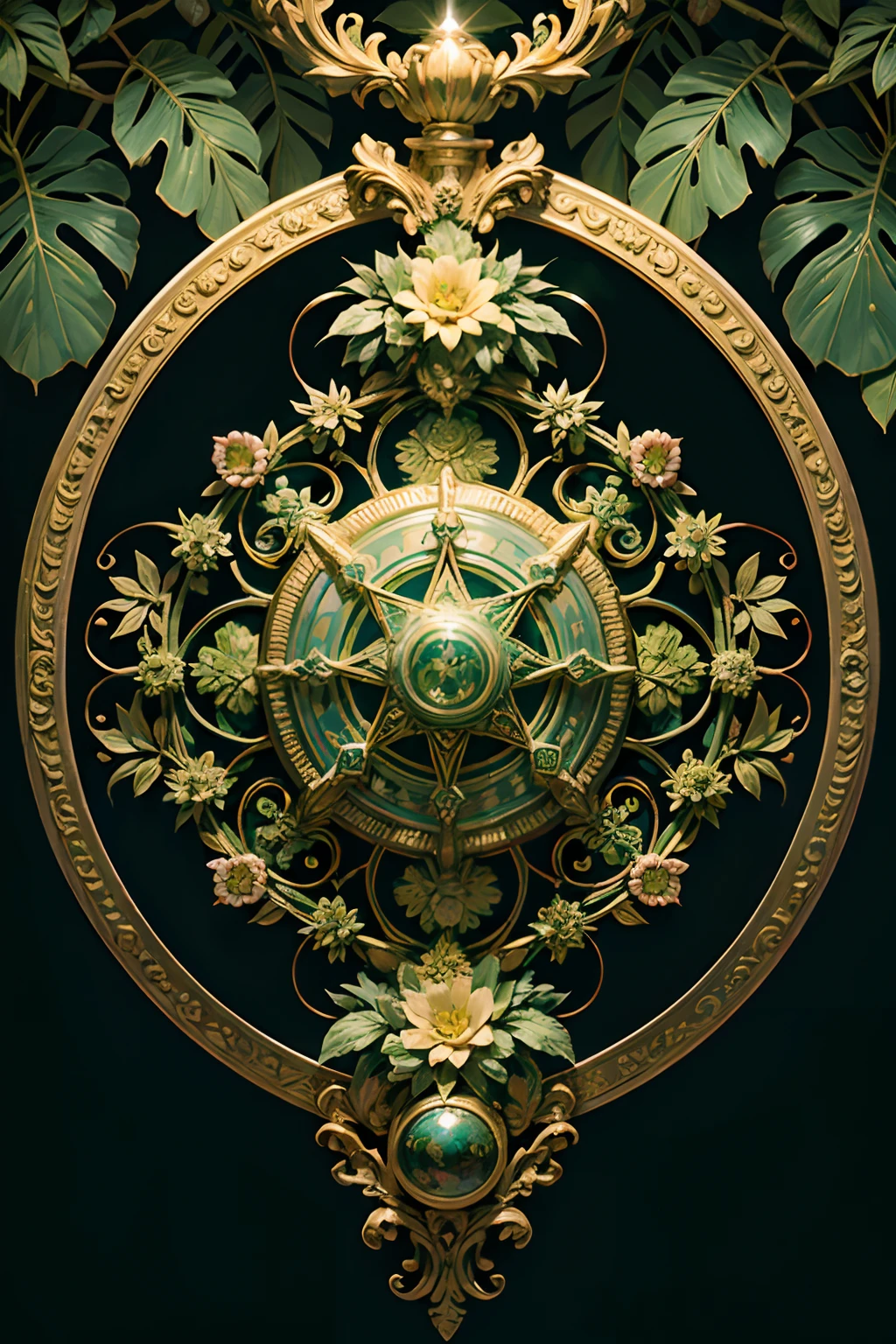 A round ornamental six pointed mandala made of radiating green vegetation, plants, flowers and vines.