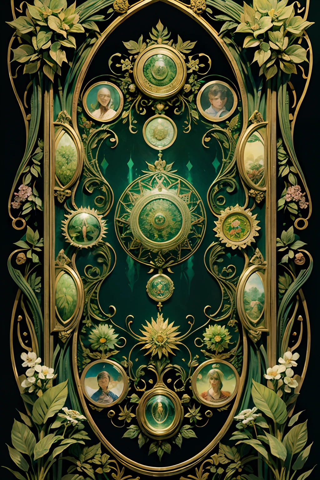A round ornamental six pointed mandala made of radiating green vegetation, plants, flowers and vines.