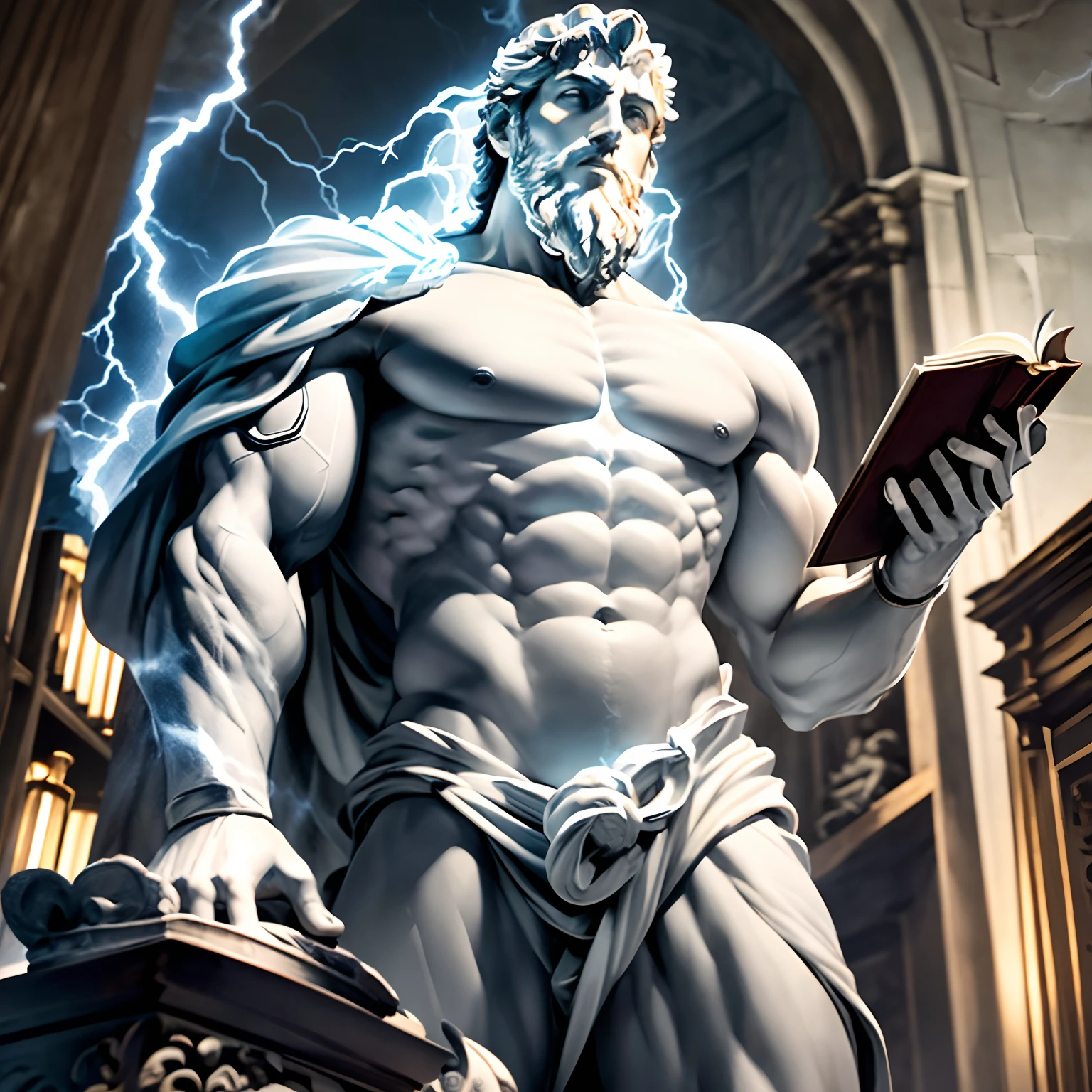 White statue of Marcus Aurelius shirtless, muscular, with a book in hand, lightning background in the sky and storm