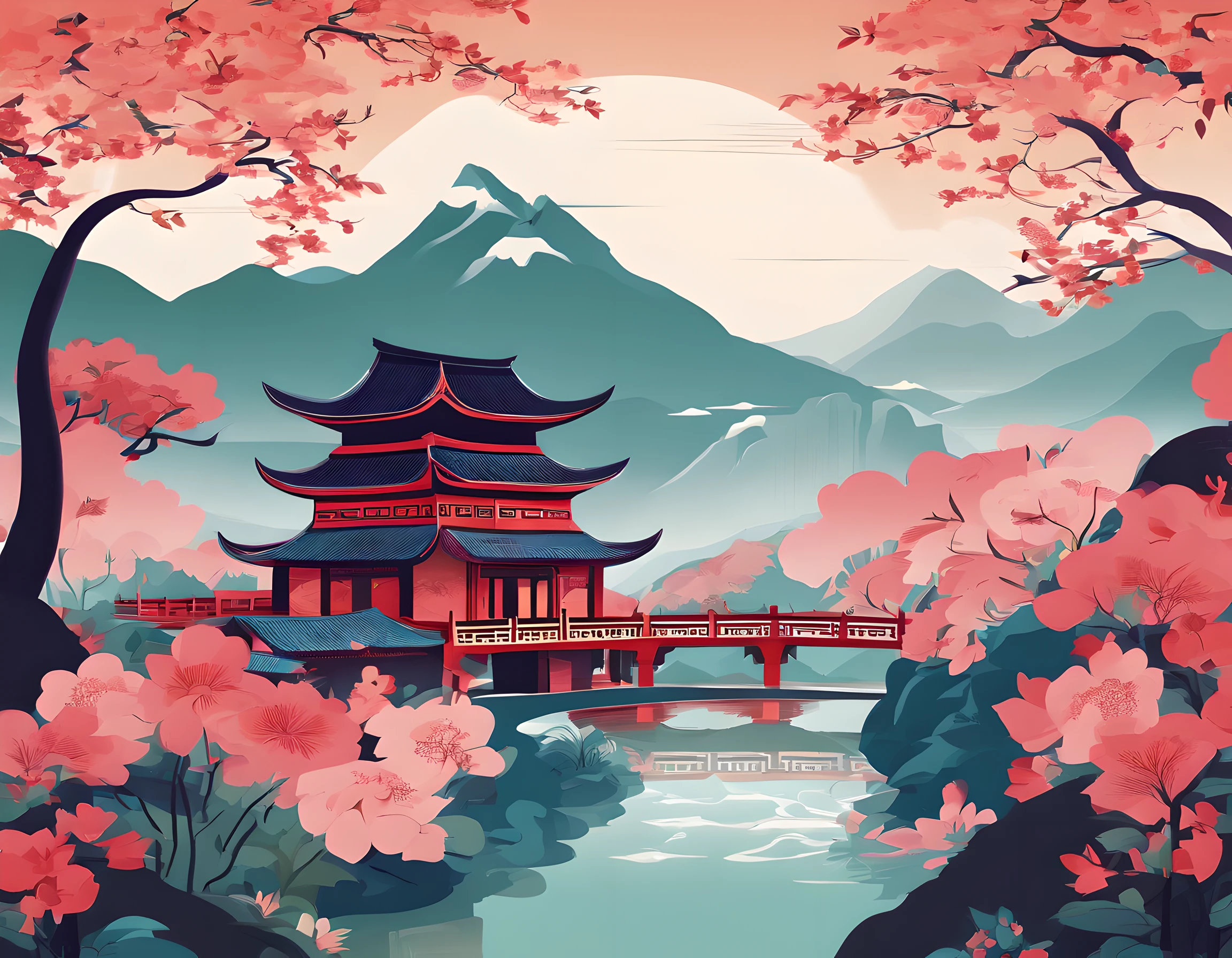 Chinese style landscape pastoral painting, ancient Chinese villages, old-fashioned architecture, landscape, pastoral, exquisite details, art, fractal art, gorgeous, (beautiful and exquisite: 1.2),