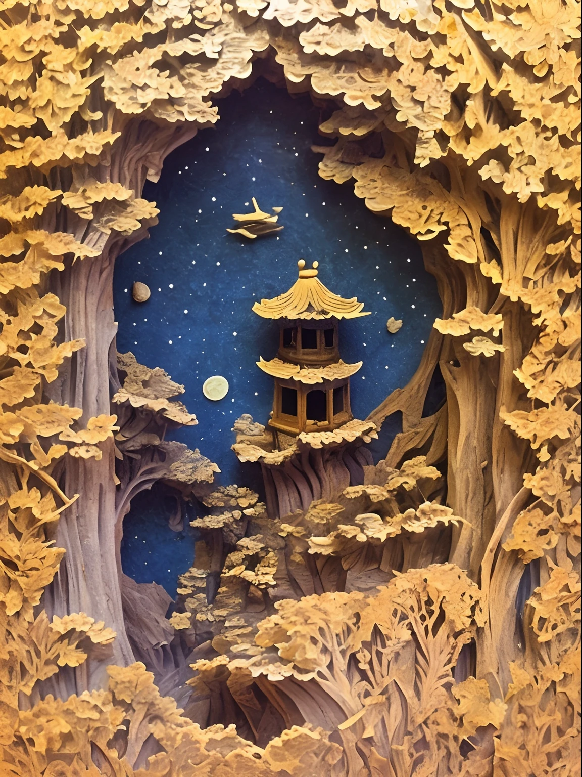 Suzhou Garden under the stars,Chinese architecture,gardens,mountain water,Sea of clouds,exquisitedetails,arte em papel cortado，s fractal art，opulent,(high detal:1.2)