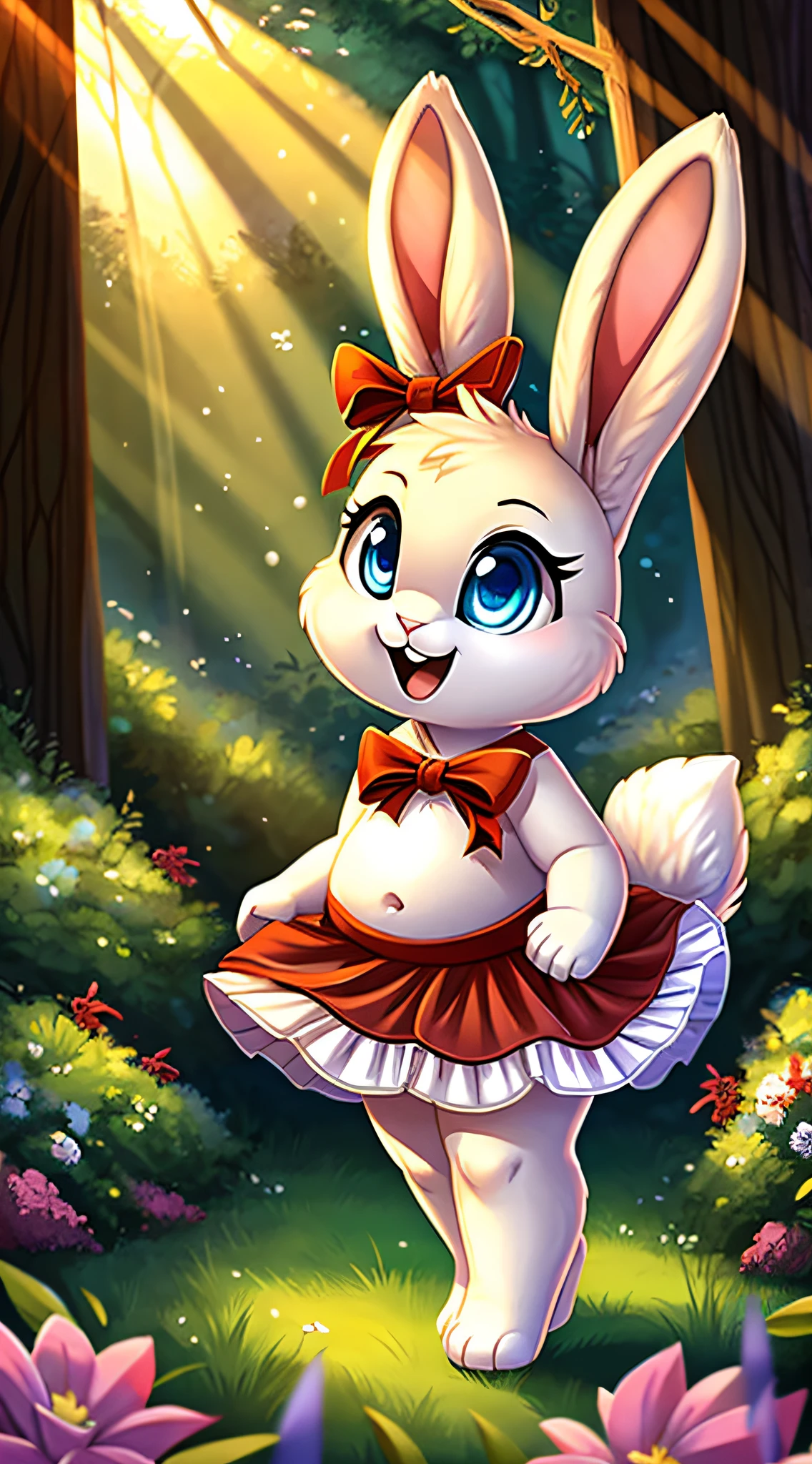 zoomed out image, fantasy style art, cute, adorable, baby, baby fat, short character, small, tiny little fluffy female white bunny with blue eyes, 4 ears, 2 extra ears, big floppy ears, long ears, ears perked up, raised ears, long eyelashes, poofy rabbit tail, wearing a red frilly ribbon dress, smiling, standing in a forest, big expressive smile, open mouth, wide eyes, excited eyes, excited face, stunning visuals, sunlight coming through the trees, flowers scattered in the bushes, digital illustration