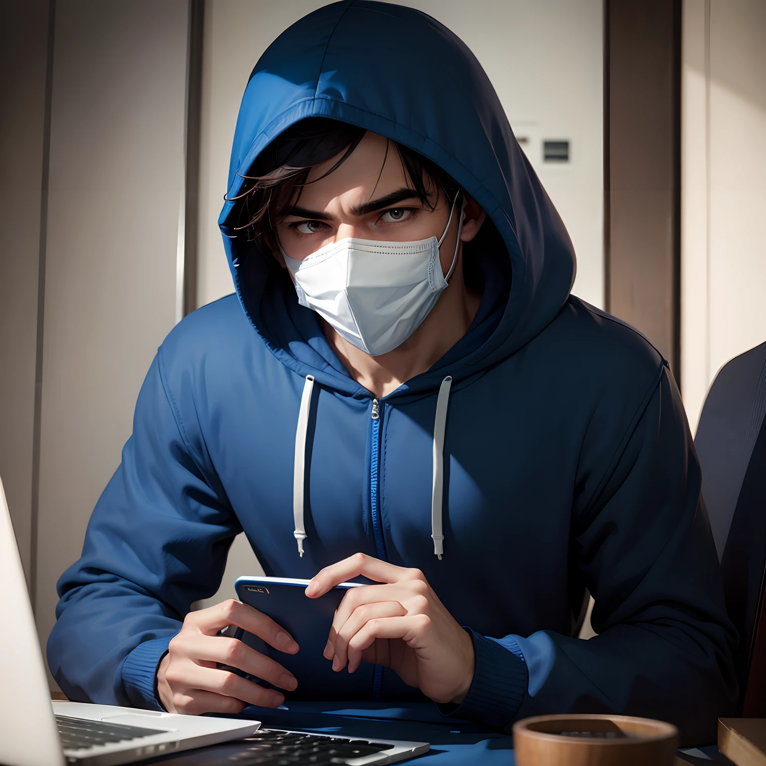Man in Blue hoodie and white mask fiddling with a laptop