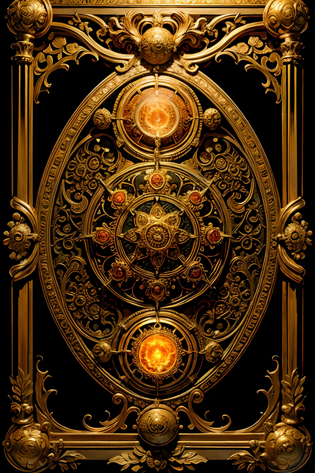 A round ornamental eight pointed mandala made of fire and flames surrounded by stone.