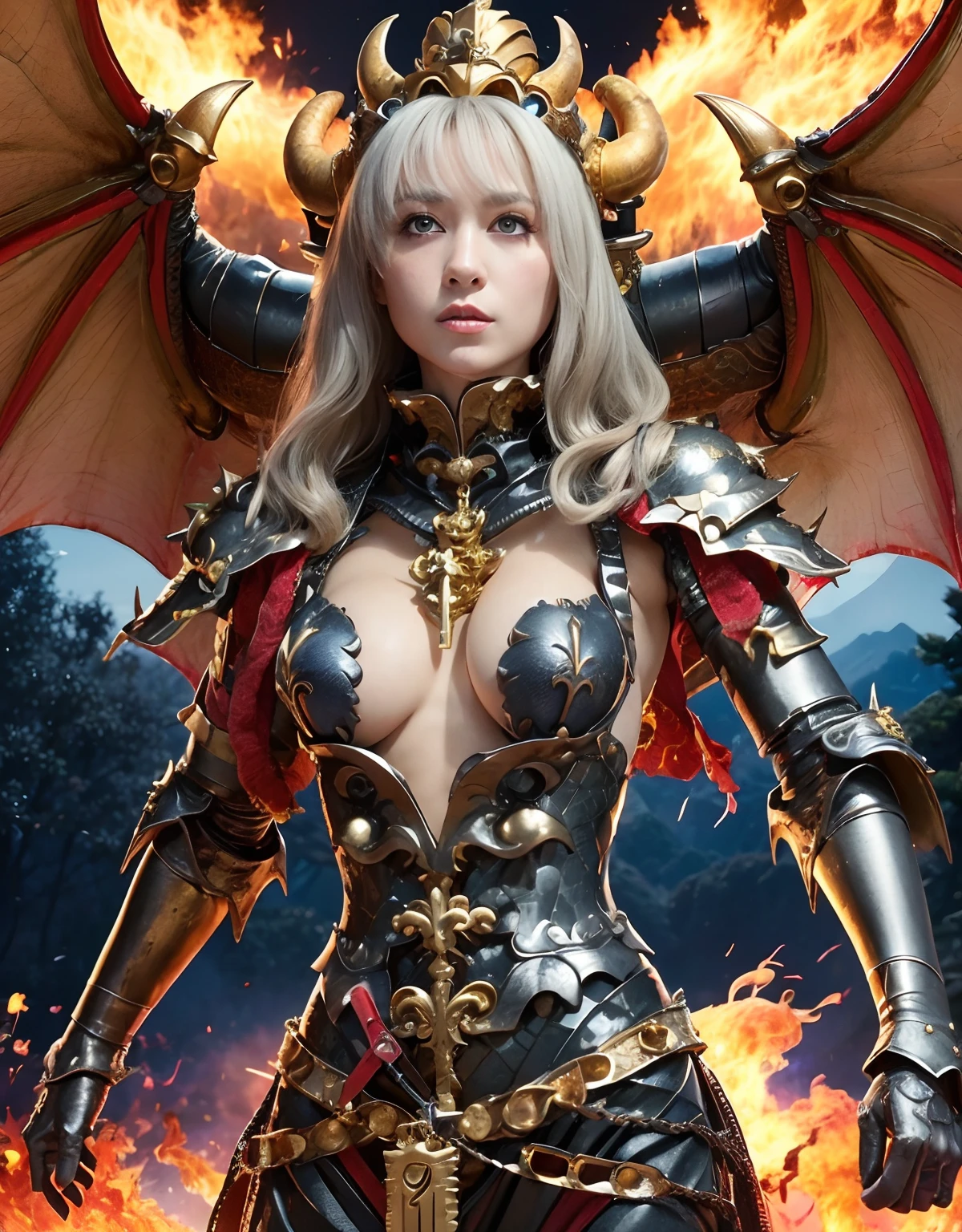 Professional , masterpiece、超A high resolution、top-quality、photos realistic 、((super realistic details))、portlate、octan render、8K、Armpit、ultrasharp、(Fight fiercely against zombie soldiers)、(Dragon Black Metal Body:1.9),(Matte Blue Silver、(Night World)、(cleavage of the breast)、Dragon Gold Weapon、(Micro Bikini Armor:1.4),Mystical expression、Gorgeous gold weapons ,(Fight dragons)、Seductive look、(( Dragon's dense and gorgeous sword)) , (demonic wings) ,Detail and gorgeous crown、((a blond))、(Castle background)、((Gangle's forest background))、Beautiful Caucasian beauty、1a person、dynamic ungle,(((Detailed and ornate dragon helmet)))、Smaller head、A smile、Castle background、Thin and beautiful female hands、cleavage of the breast、Soldier in iron armor on background、Mystical expression、Light Effects、intense fighting、Wind-effect、magic circles、With the legendary magic wand、Dragon's tail、fight、(Fight fiercely against zombie soldiers)、