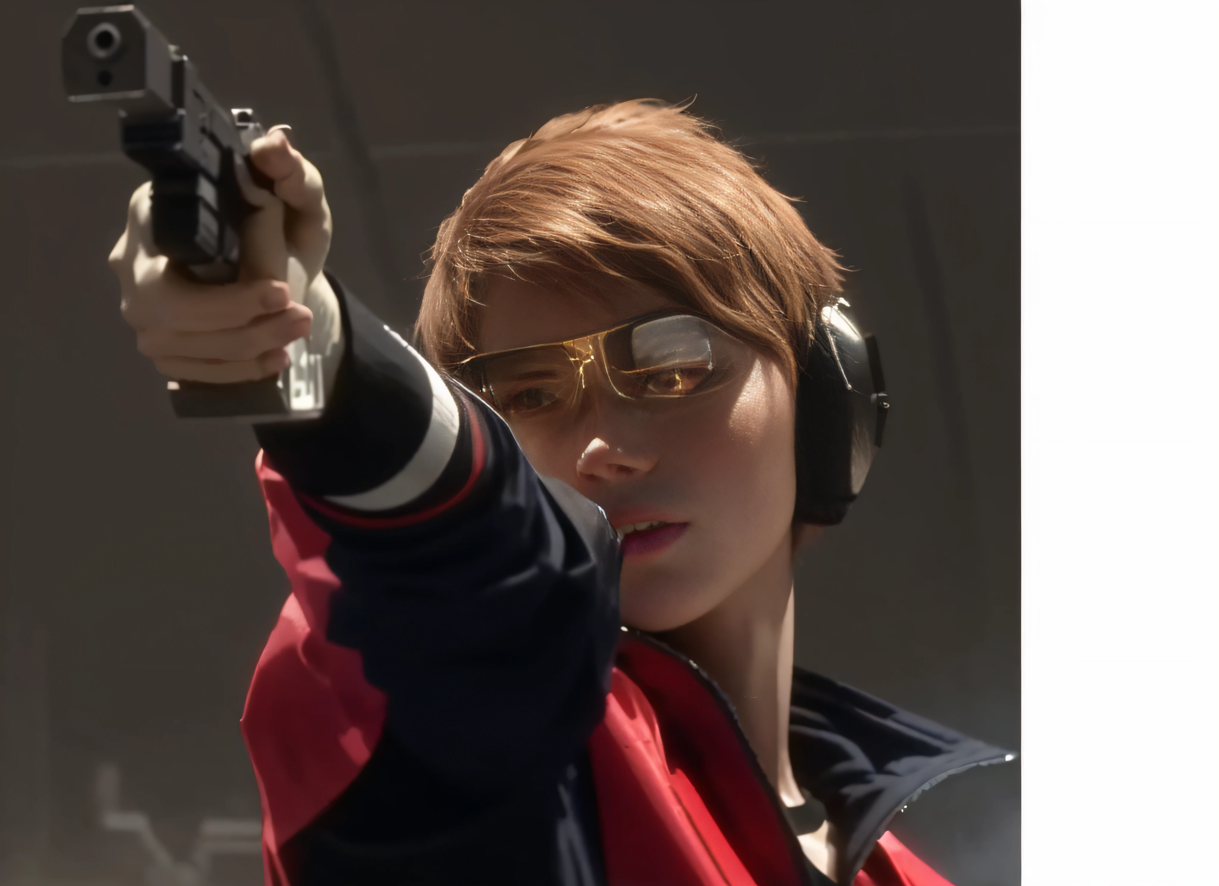 This is a CG Unity 8k wallpaper with ultra-detailed, high-resolution and top quality in cyberpunk style, dominated by black and red. The picture shows a white messy woman with short hair, a delicate face, wearing a steam mecha mask, standing on the ruins, behind a huge robot with a heavy sniper rifle in her hand.