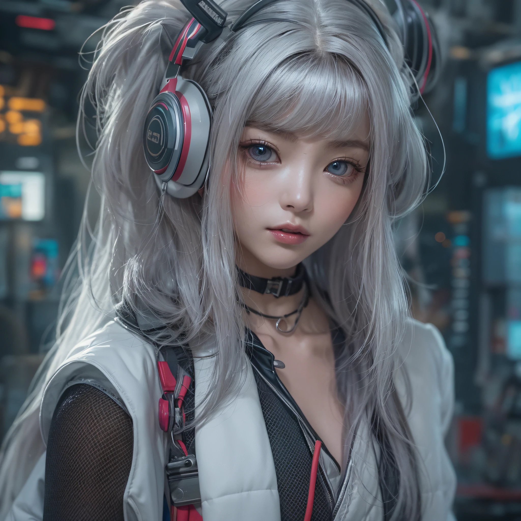 ​masterpiece, 1 beautiful girl, Detailed eye, Swollen eyes, top-quality, 超A high resolution, (reality: 1.4), 电影灯光, japanes, a asian beauty, very extremely beautiful, Beautiful skins, A slender, Forward-facing body, (A hyper-realistic), (hight resolution), (in 8K), (ighly detailed), ( Best Illustration), (beautifully detailed eyes), (ultra-detailliert), 详细的脸, Bright lighting, Professional Lighting、The background is a cyberpunk room with many monitors.、The cord is connected from the costume、Hair color is dull silver、headset on head、Small moles on the face