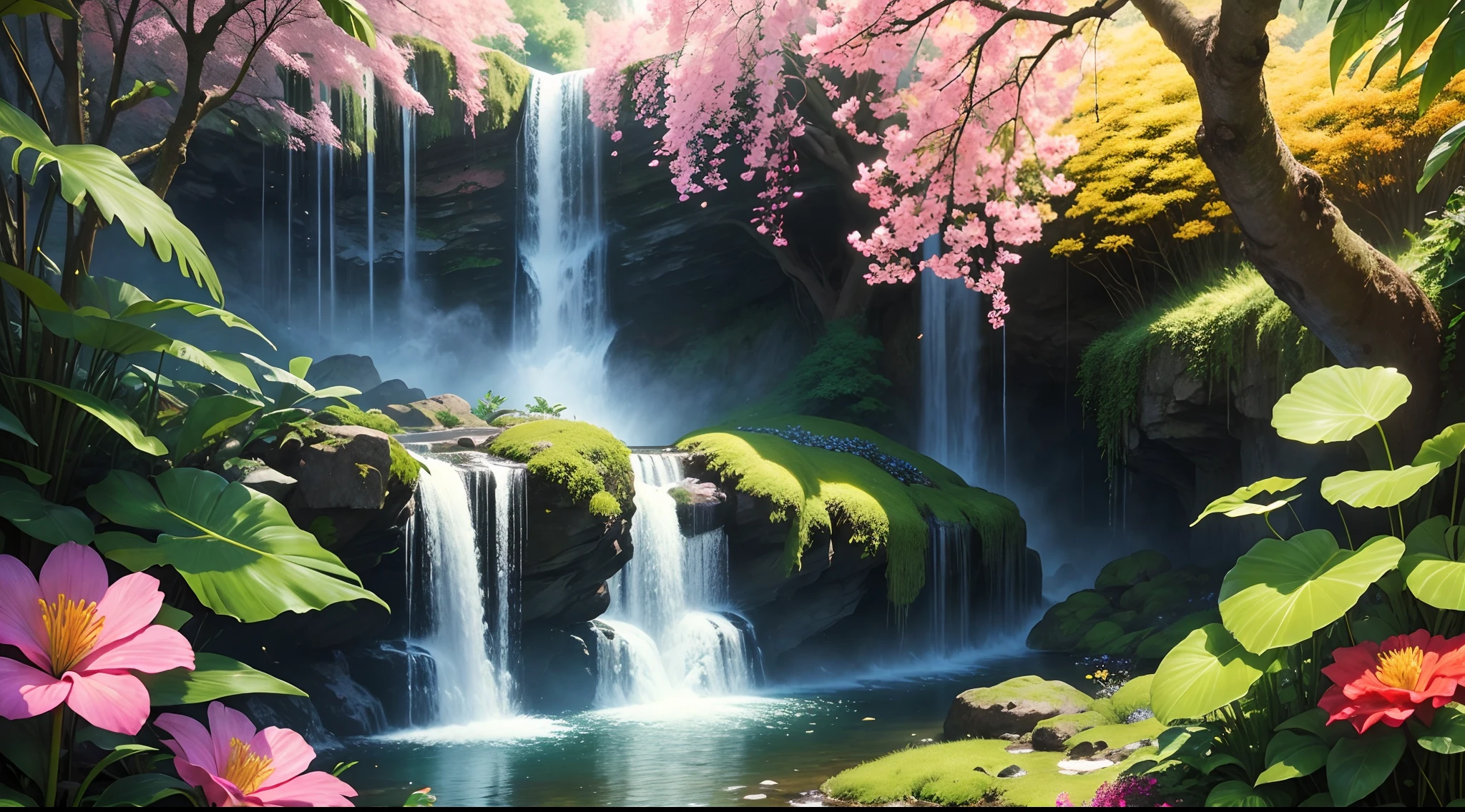 beste-Qualit, ultra-detailed,  jungle fantastique de fleurs, Huge colorful flowers tree sizes, Large green leaf with a waterfall in the background, profondeur de champ, grain de film, professional lighting, Colorful scene