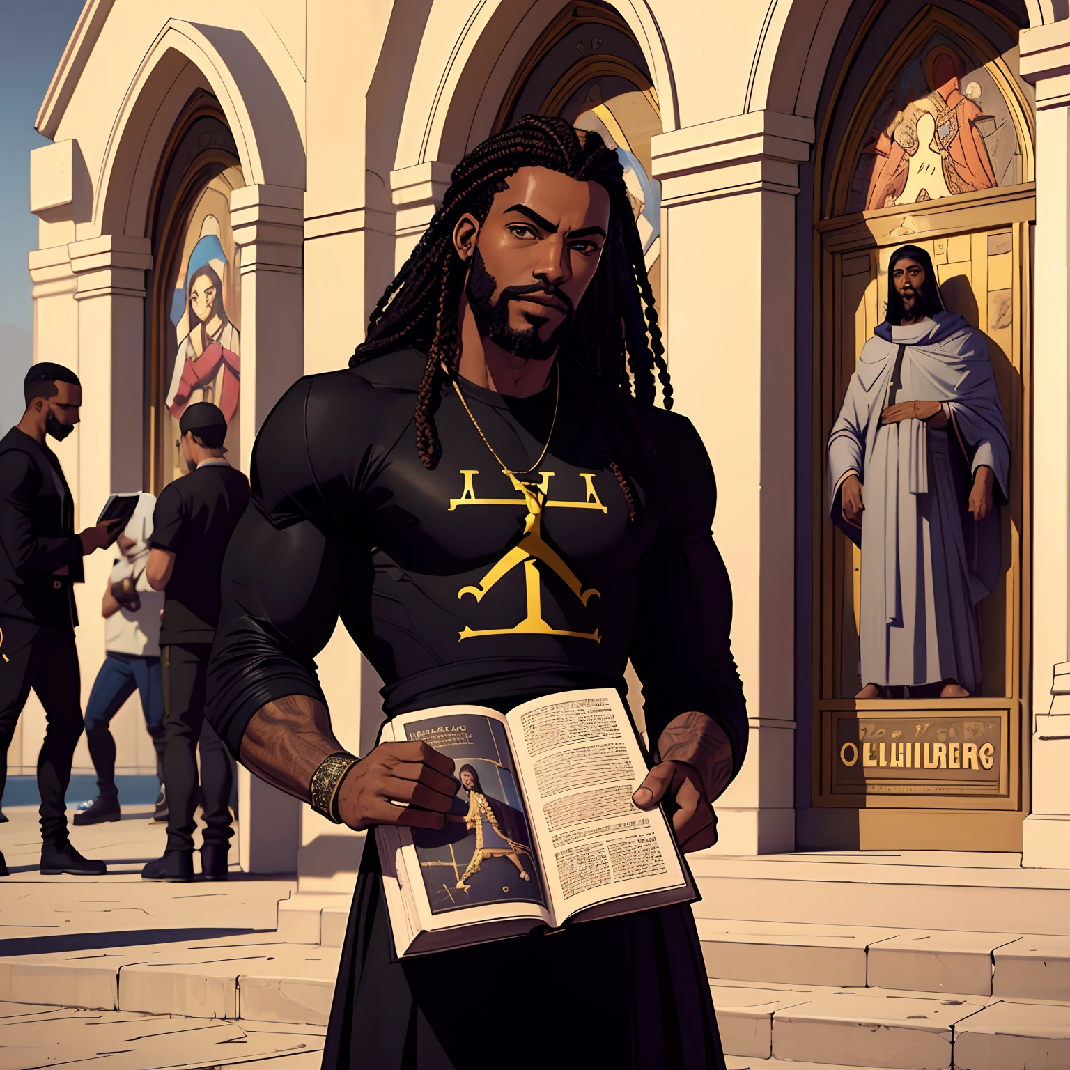 Take a picture of Black Jesus in the world's most expensive branded clothes hunting a Jordan, HDR, sombras escuras, comic, obra prima, 8k,4k, Hyper res, olhando para o telespectador, Scenery in front of a church, bible to use, Holding the bible.