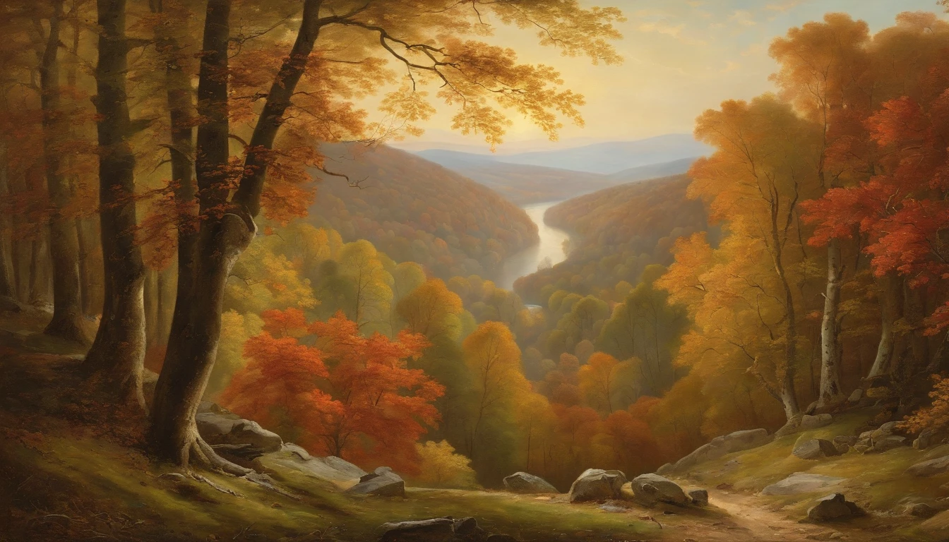 autumn woodland scene overlooking hills, trees in full view and at the side of the image, looking through trees onto valley, Asher Brown Durand, Camille Pissarro style --no frames, canvas