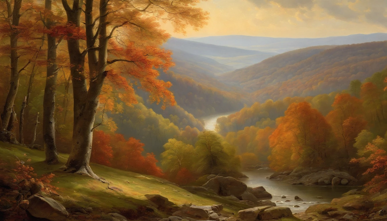 autumn woodland scene overlooking hills, trees in full view and at the side of the image, looking through trees onto valley, Asher Brown Durand, Camille Pissarro style --no frames, canvas