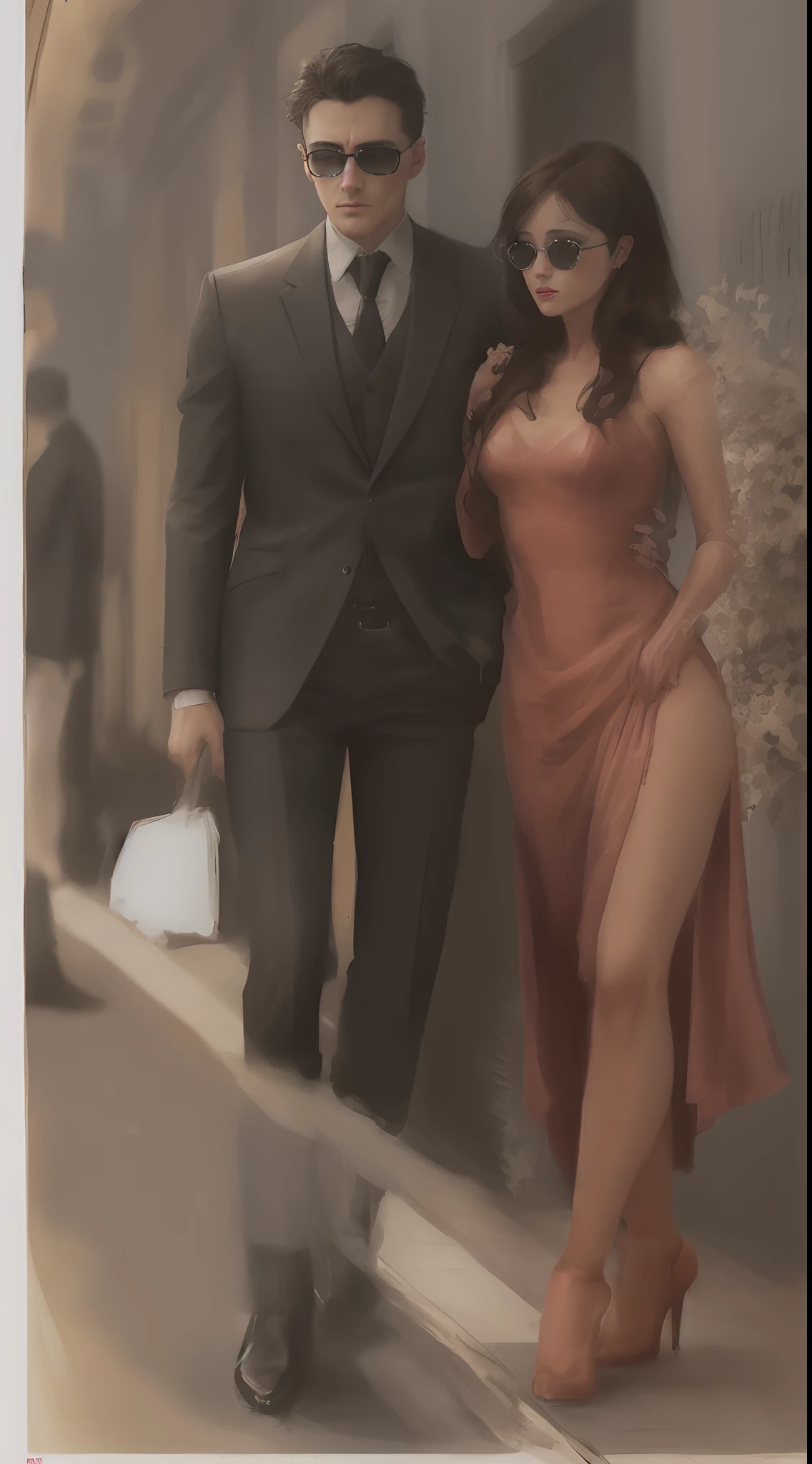 Bruce Wayne in the style of comics wearing black sunglasses. Next to him is a charming and beautiful woman in a red dress, hairstyle, Stylish Layer, high heel shoes, medium makeup.