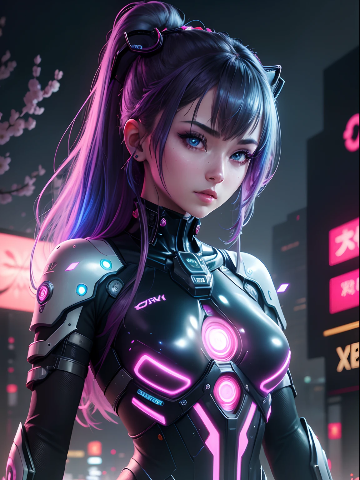 a girl with cybernetic enhancements, glowing ethereal eyes, metallic body parts, futuristic clothing, surrounded by cherry blossom trees, holding a samurai sword, in a neon-lit cityscape, with a vibrant cyberpunk aesthetic, with a cool blue color palette, illuminated by neon lights, showcasing the intricate details and textures of her cybernetic enhancements, portrayed in a photorealistic style, with a sense of depth and dimension, creating a mesmerizing and immersive artwork. (best quality,ultra-detailed,hdr,studio lighting,sharp focus,physically-based rendering,professional,vivid colors,bokeh),cyberpunk,anime,portraits,japanese culture