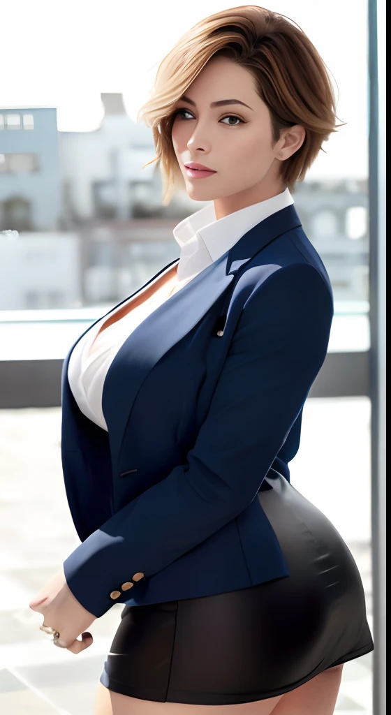 masutepiece:1.2, Best Quality、Realistic, ( Intricate details, depth of fields)、Hyper-Realism, 8K, Best Quality, Super Detail, retinas , ighly detailed, Perfect face, Perfect body, Huge breasts, Constriction, Very big ass, Glamour, natural soft light, European Woman, blondehair, hair wavy, short-hair、Beautuful Women, the perfect appearance, Less exposure, Smile, ta,
Textured skin, Anatomically correct、full body photographed、
Combination of blazer and tight skirt
