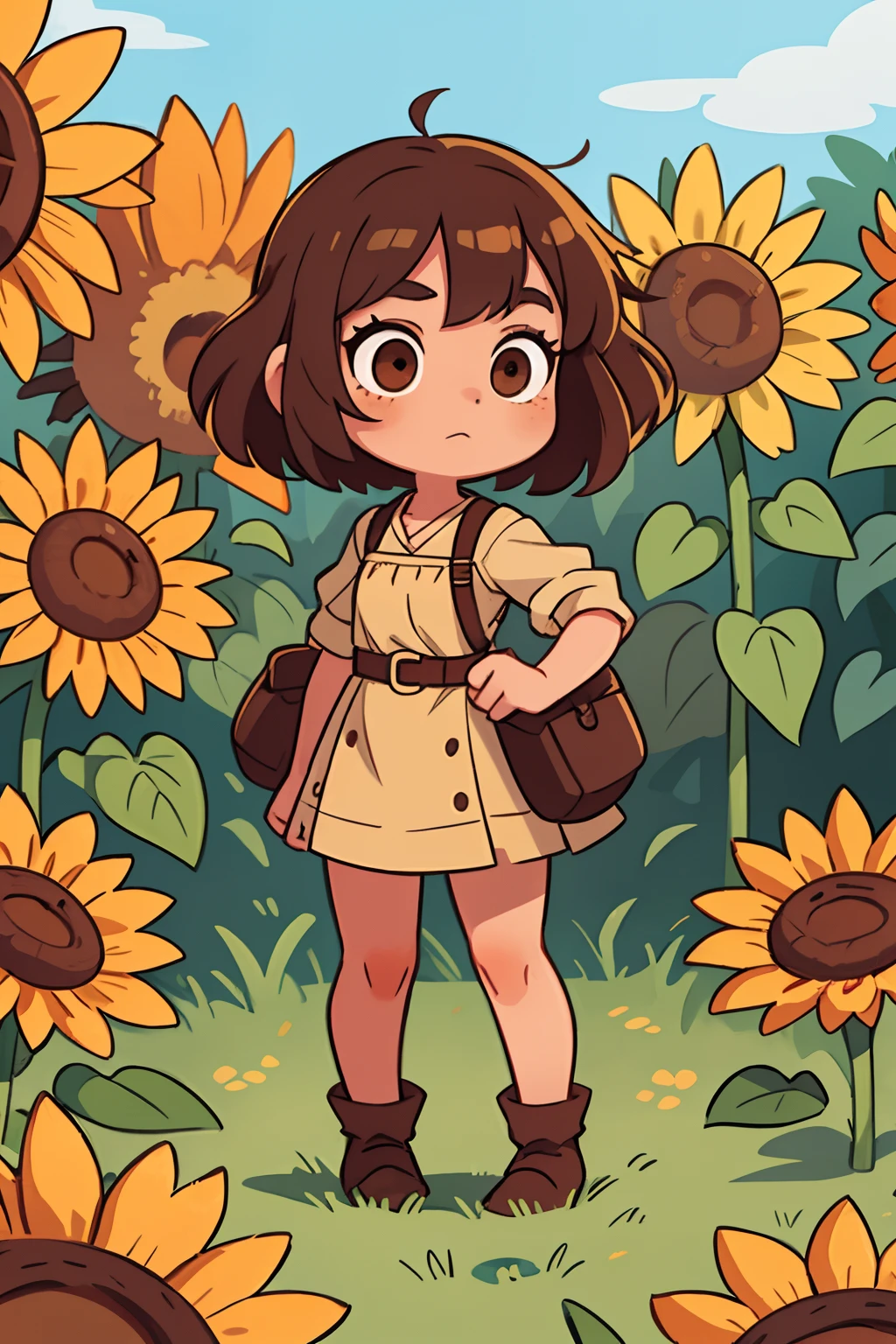 A girl, with short brown hair, Brown eyes, Medieval dress, freckles on her face, loves sunflowers, At the Standing Pose picnic, character sheet, different angles