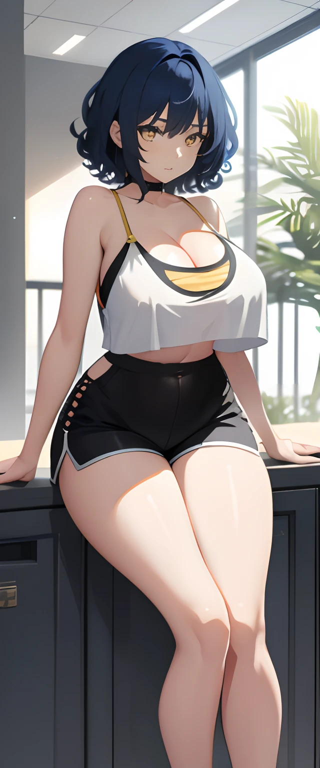 high qulity，one-girl，dark-blue hair，curlies，short detailed hair，Yellow eyes，Sexy figure，huge tit，Short height，Wear a white camisole，Wear black tight shorts，A sexy pose，Clear face，Open navel，There are lewd lines on the lower abdomen