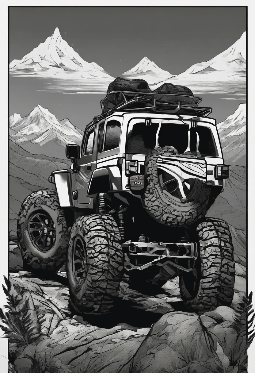/imagine prompt: Design a off-road club page ROUND logo anime in the form of a jeep climbing a muddy mountain . Underneath it is written "TRILHOS AOS MONTES", in bold outline style, jagged edges, trashcore, light shading --v 5.2