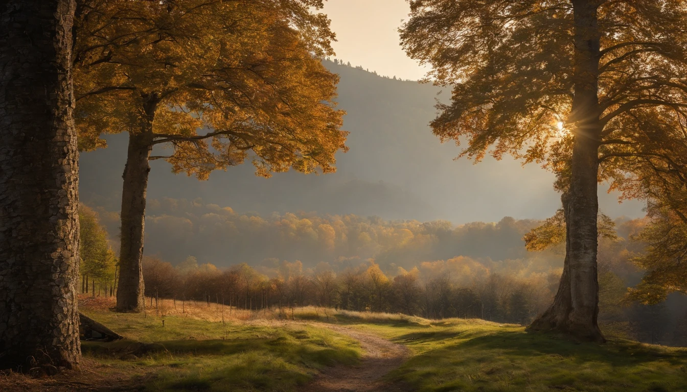 autumn woodland scene overlooking hills, trees at the side of the shot, looking through trees onto valley, Asher Brown Durand, Camille Pissarro style --no frames, canvas