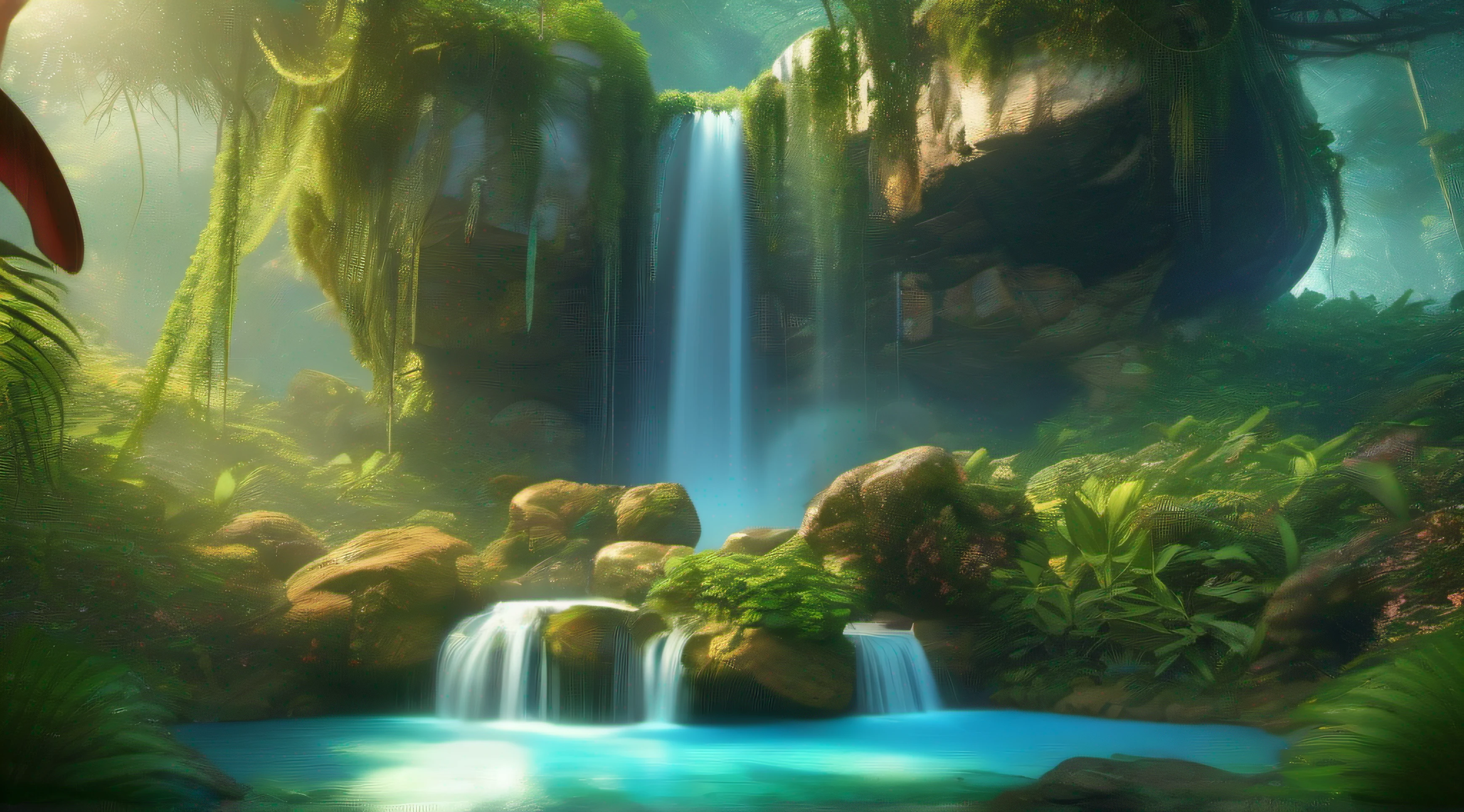 (best quality, 4k, 8k, highres, masterpiece: 1.2) ultra-detailed, (realistic, photorealistic, photo-realistic: 1.37), portraits, landscape, artists concept, colorful, enchanted, illumination, vibrant lighting, jungle surrealism, beautiful greenery, ethereal flora and fauna, mythical creatures, hidden treasures, whimsical atmosphere, mysterious mist, floating islands, sparkling waterfalls, golden sunlight filtering through trees, lush vines and foliage, exotic birds with vibrant feathers, emerald river flowing through the jungle, ancient ruins covered with moss, decorative totems and statues, breathtaking views of the jungle from a cliff, spotted light creating patterns on the forest floor, surreal flowers and plants in colors against nature, fantastic creatures blending in the surroundings, sunrays piercing through the thick canopy,A tropical paradise with pools and crystal clear waterfalls, peaceful serenity amidst vibrant chaos, secret paths leading to hidden wonders.