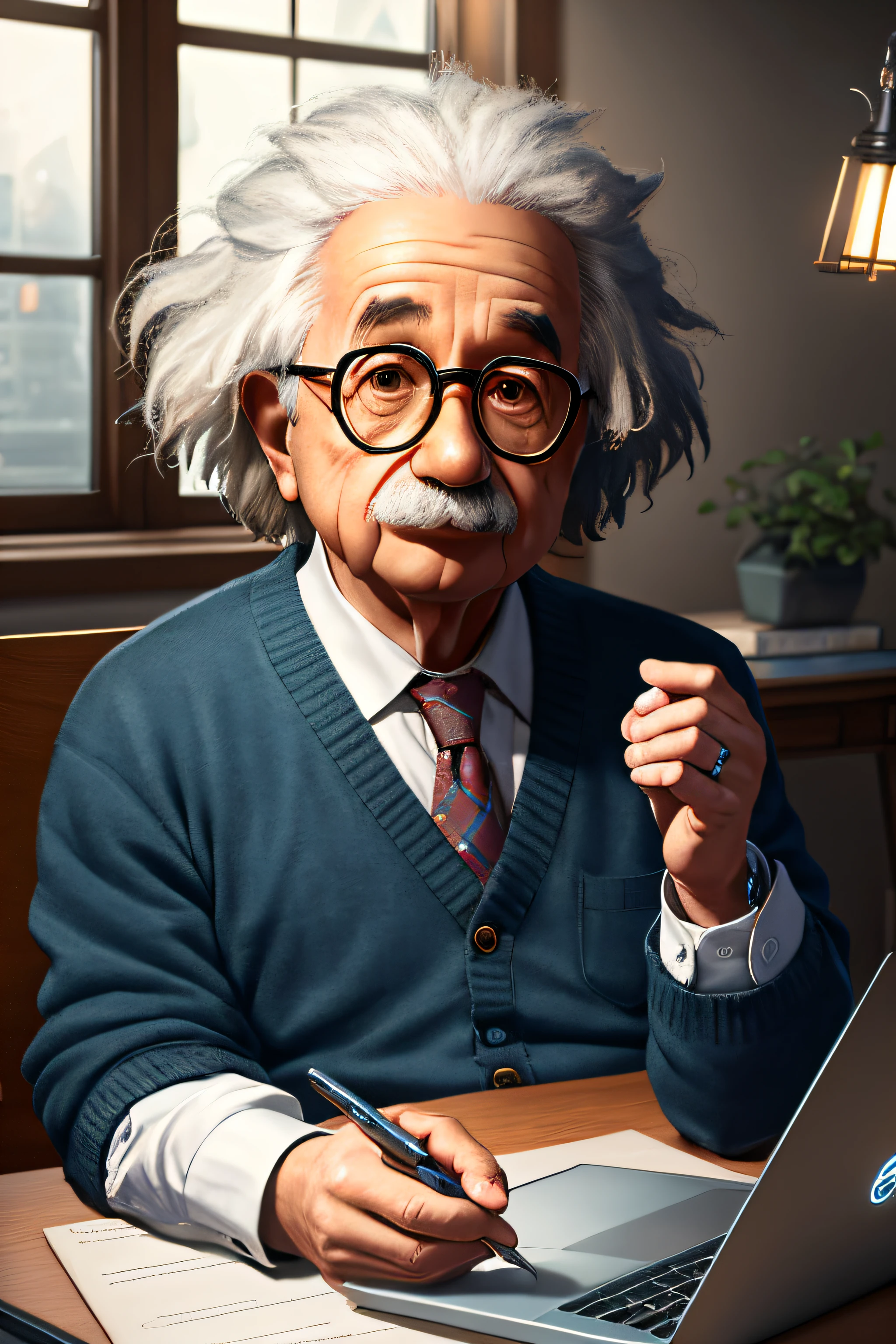 Cute small albert einstein sitting in front of laptop, unreal engine, cozy indoor lighting, artstation, detailed, digital painting, cinematic, character design by mark ryden and pixar and hayao miyazaki, unreal 5, daz, hyperrealistic, octane render