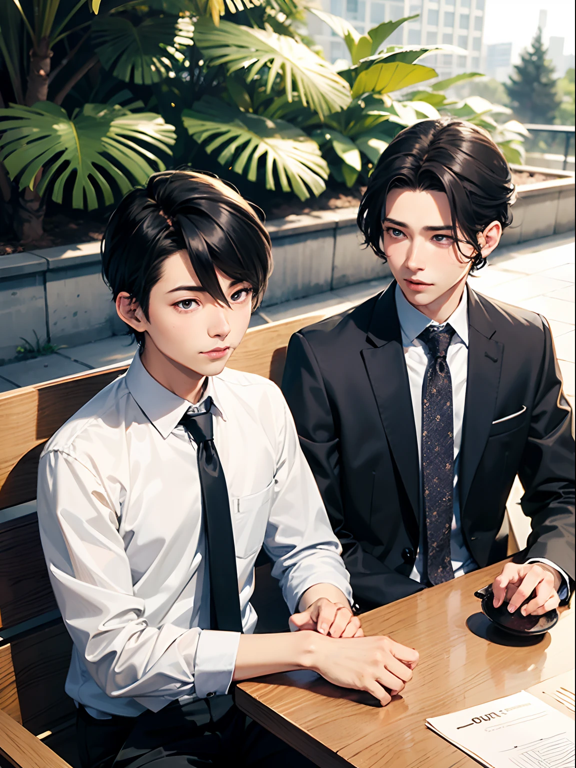 2boys,11 only、(Man's :2),(bobhair:1.5)、A dark-haired、chum、Suits、Brightly colored ties、cafes、Trees、Natural lighting、hightquality、masutepiece,8K,hight resolution、