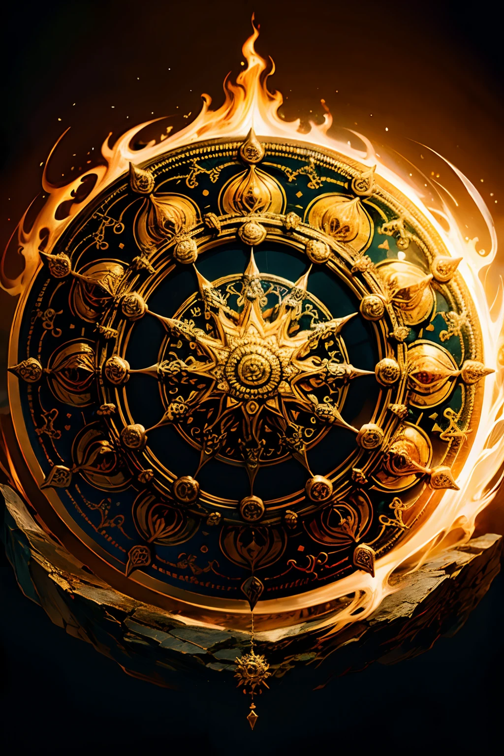A round ornamental eight pointed mandala made of fire and flames surrounded by stone.