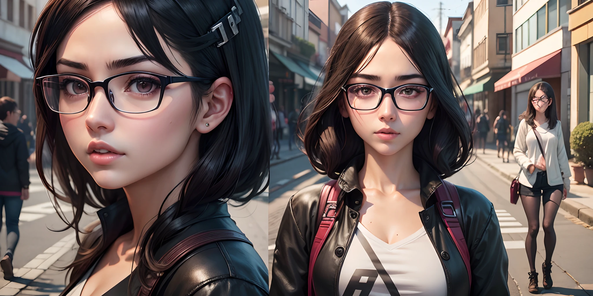 Sara Uchiha with glasses in a street, Realistic girl, fotorrealista, incredible miyazaki, realistic face and body hybrid, tiro traseiro, cabelo muito curto, pele de silicone, uma pintura hiper-realista, Mitsumayo