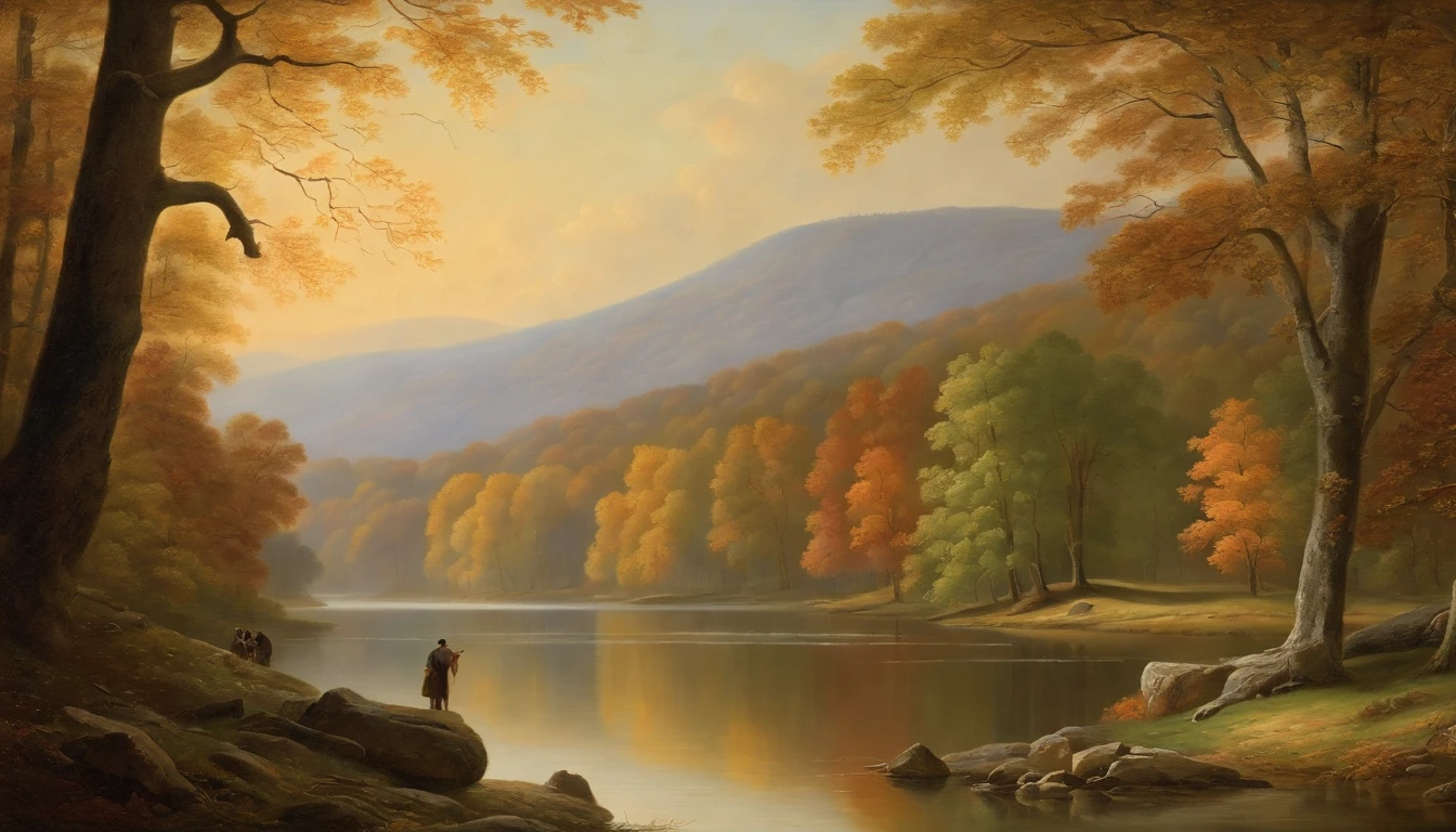 autumn woodland scene overlooking hills, trees in full view and at the side of the image, looking through trees onto valley, couple standing by the lake looking out to the water, Asher Brown Durand, Camille Pissarro style --no frames, canvas